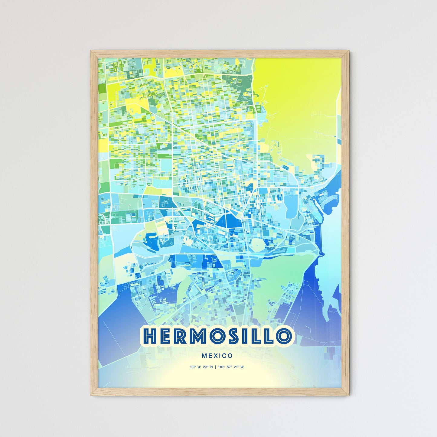 Colorful HERMOSILLO MEXICO Fine Art Map Cool Blue