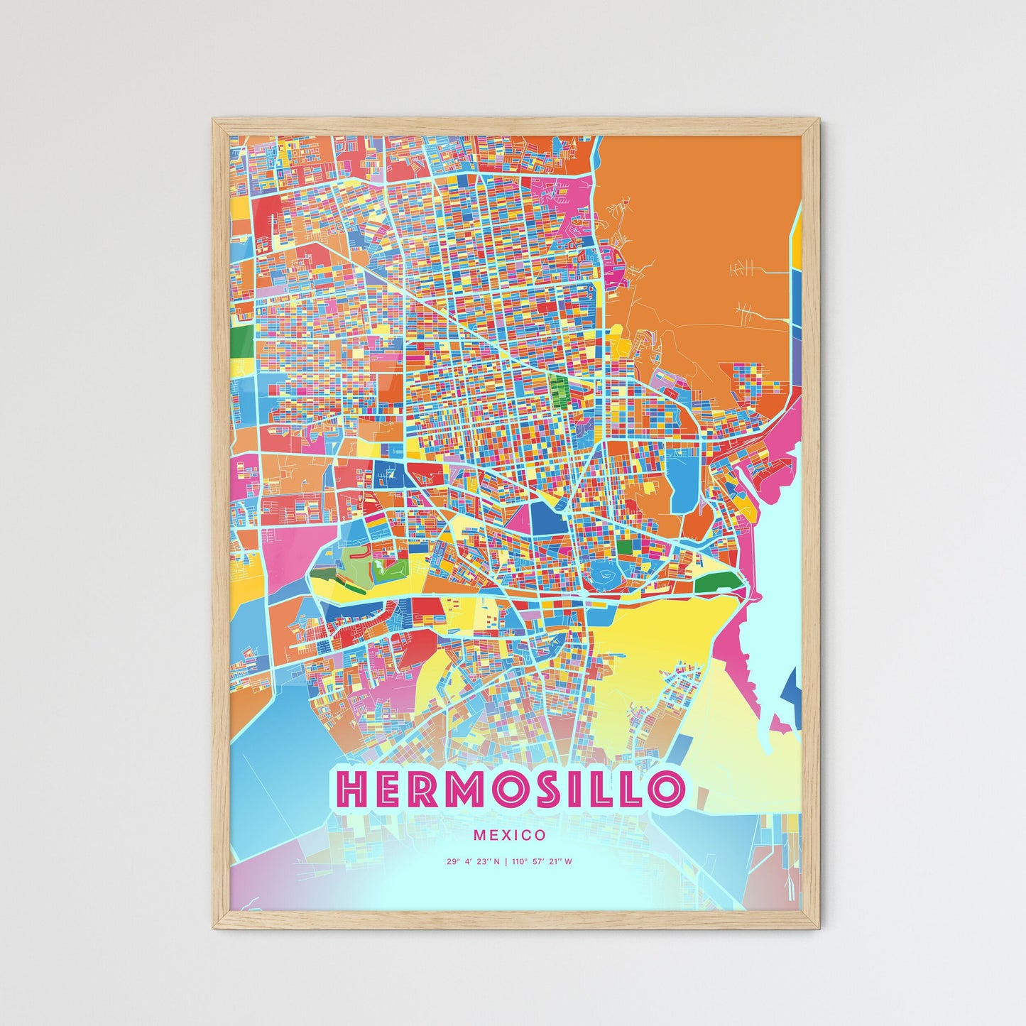 Colorful HERMOSILLO MEXICO Fine Art Map Crazy Colors