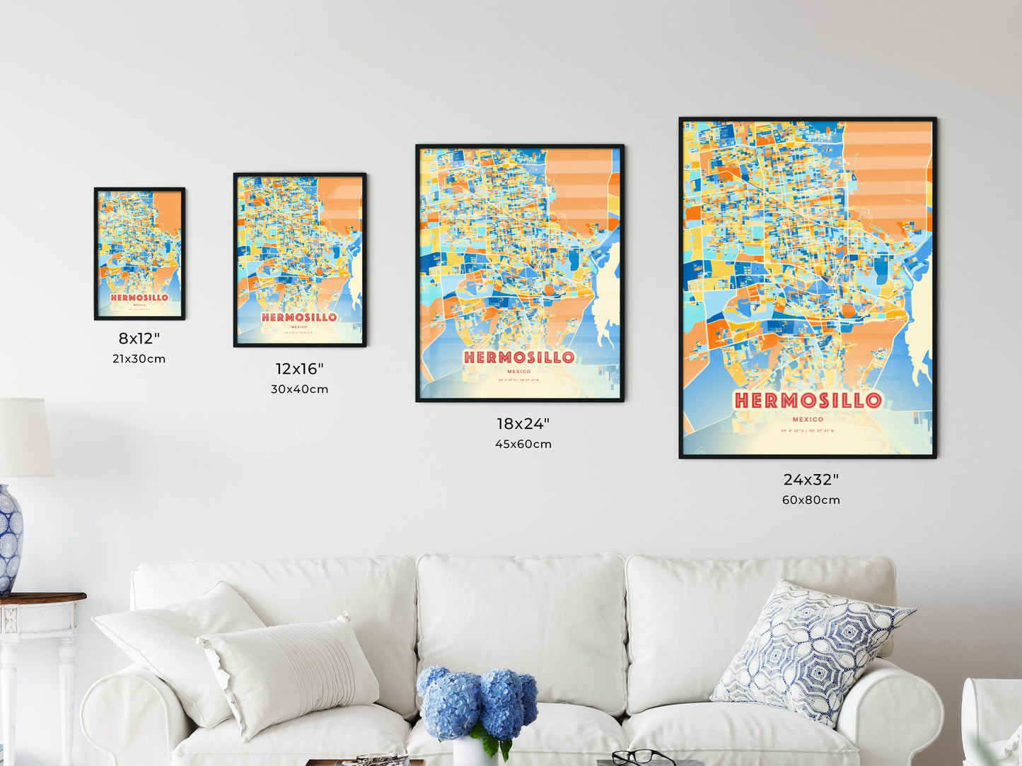 Colorful HERMOSILLO MEXICO Fine Art Map Blue Orange