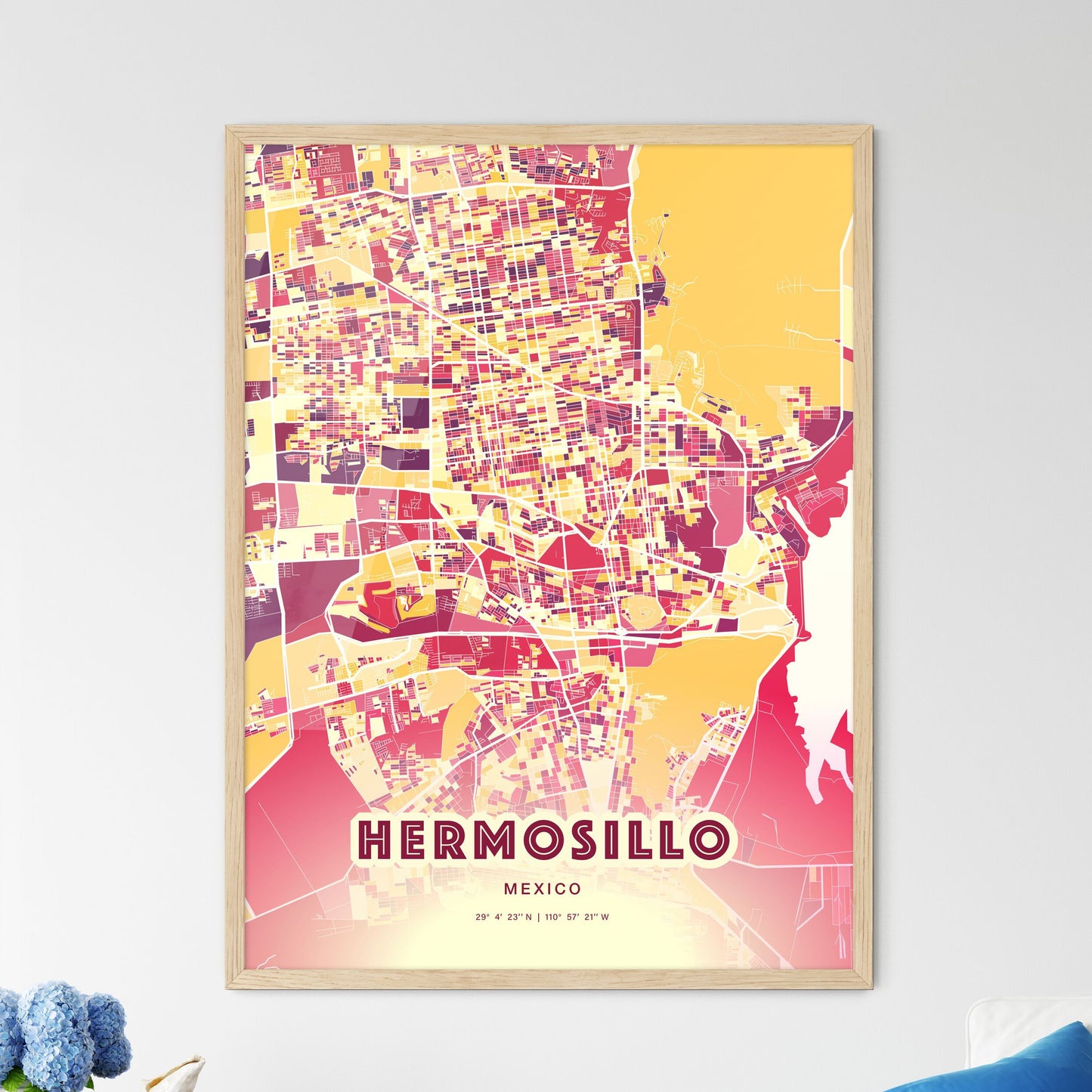 Colorful HERMOSILLO MEXICO Fine Art Map Hot Red