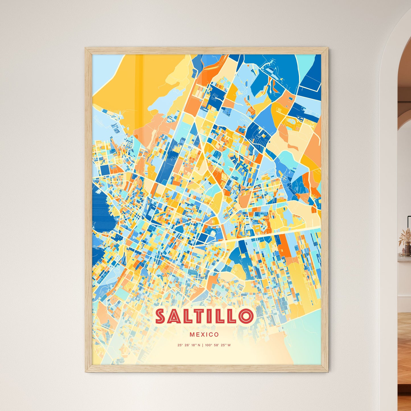 Colorful Saltillo Mexico Fine Art Map Blue Orange