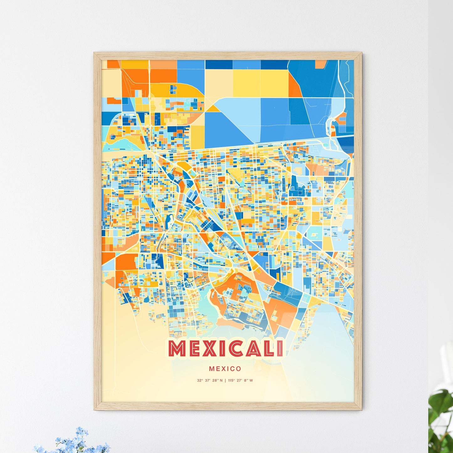 Colorful Mexicali Mexico Fine Art Map Blue Orange
