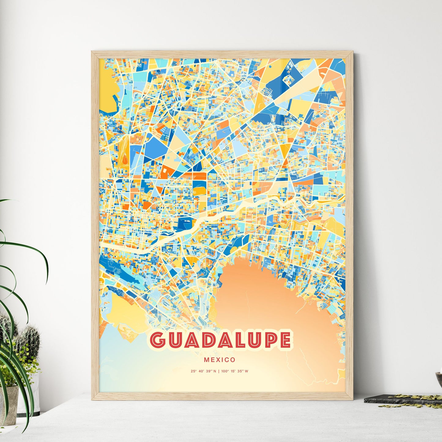 Colorful Guadalupe Mexico Fine Art Map Blue Orange