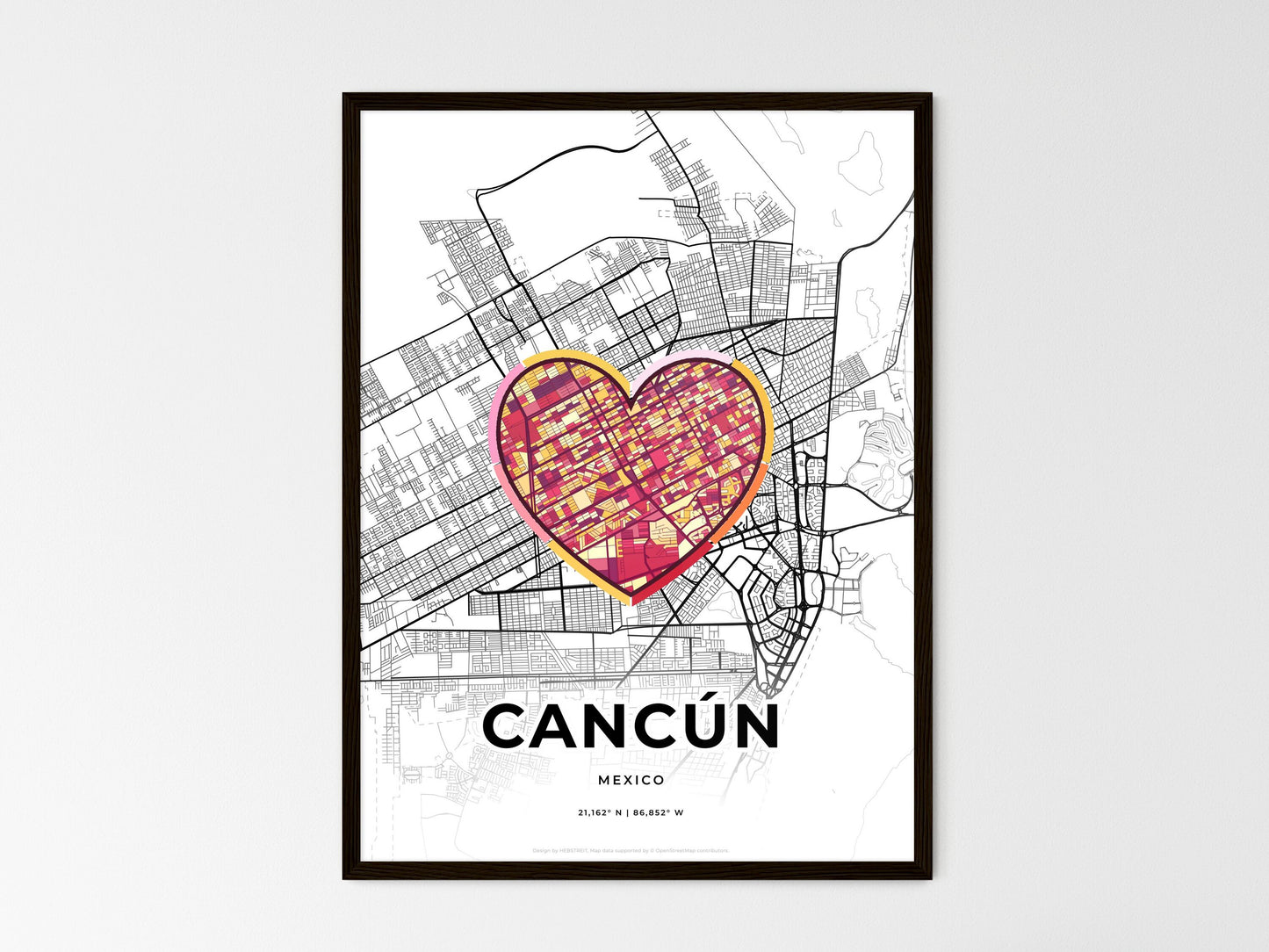 Cancún Mexico wedding art map with heart icon