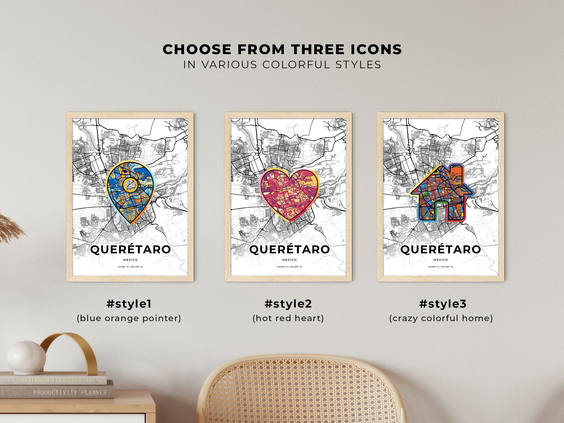QUERÉTARO MEXICO minimal art map with a colorful icon.