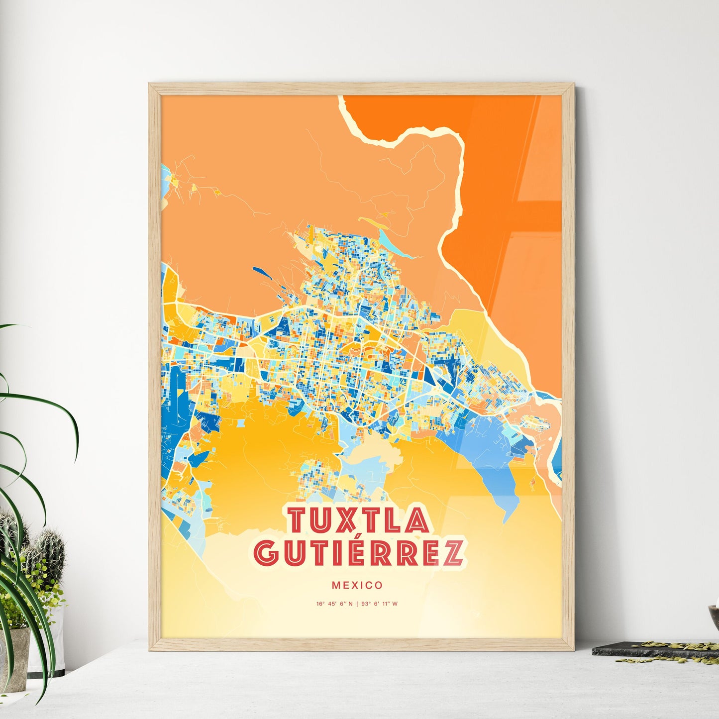 Colorful TUXTLA GUTIÉRREZ MEXICO Fine Art Map Blue Orange