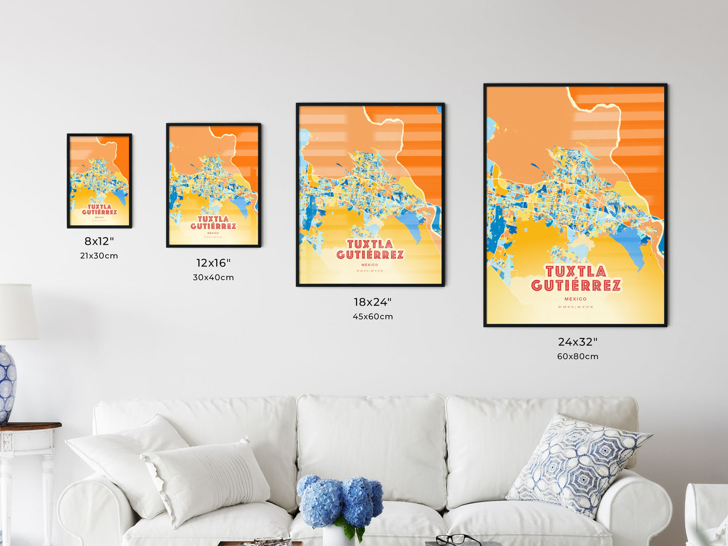 Colorful TUXTLA GUTIÉRREZ MEXICO Fine Art Map Blue Orange