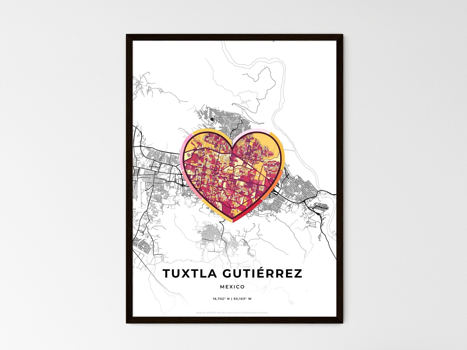 Tuxtla Gutiérrez Mexico wedding art map with heart icon