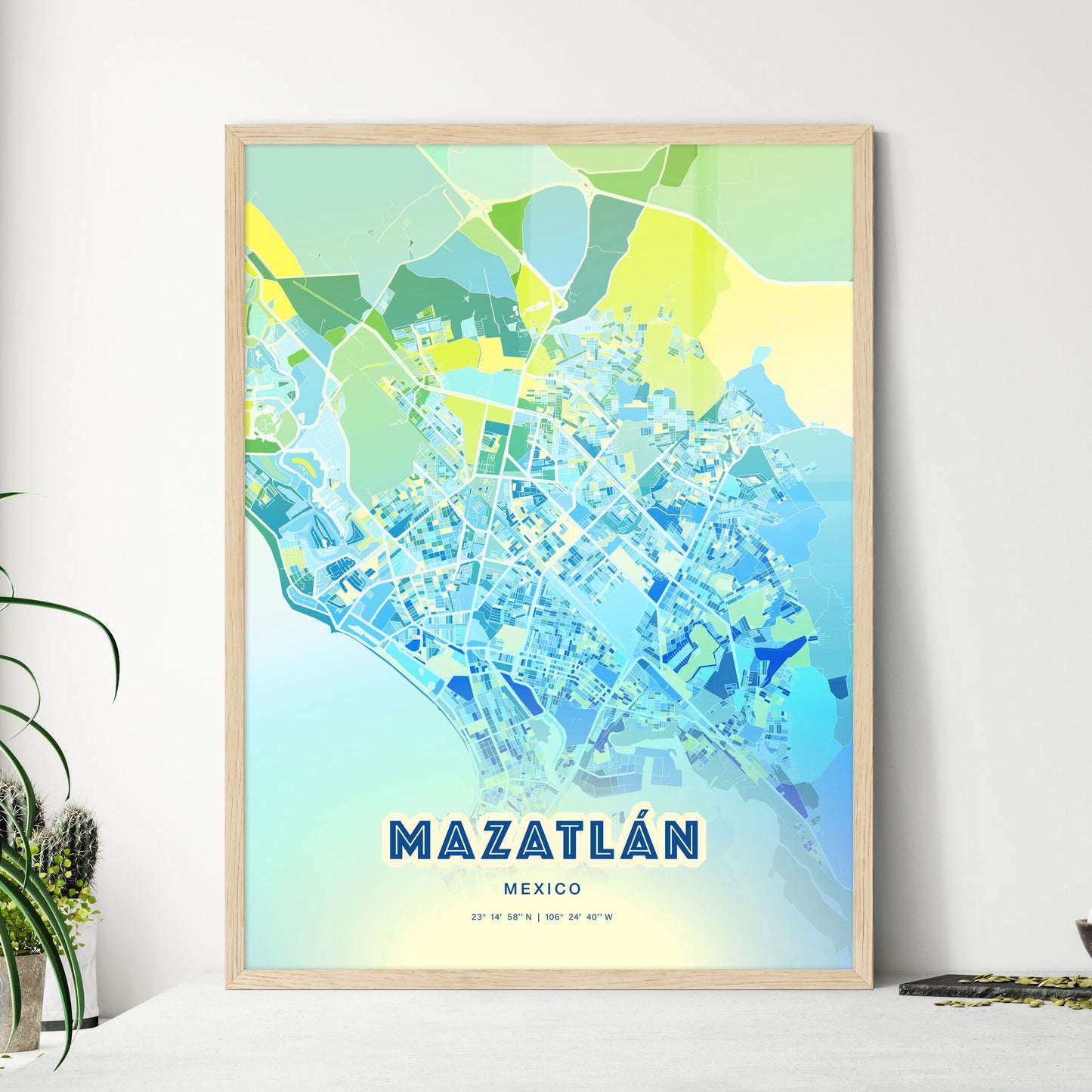 Colorful MAZATLÁN MEXICO Fine Art Map Cool Blue