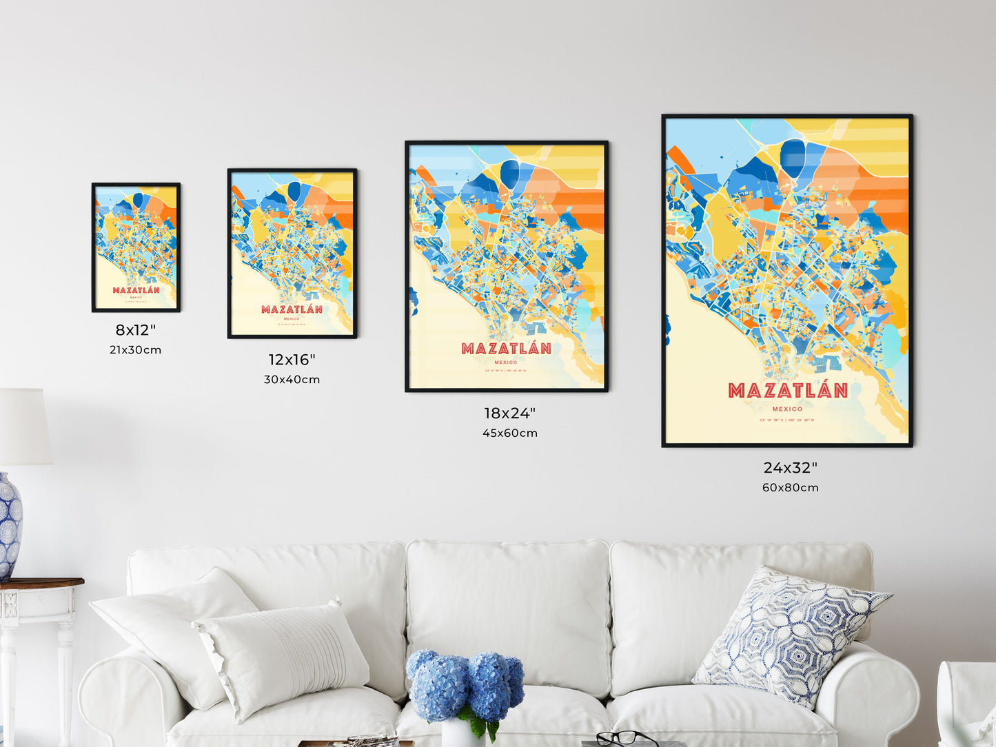 Colorful MAZATLÁN MEXICO Fine Art Map Blue Orange