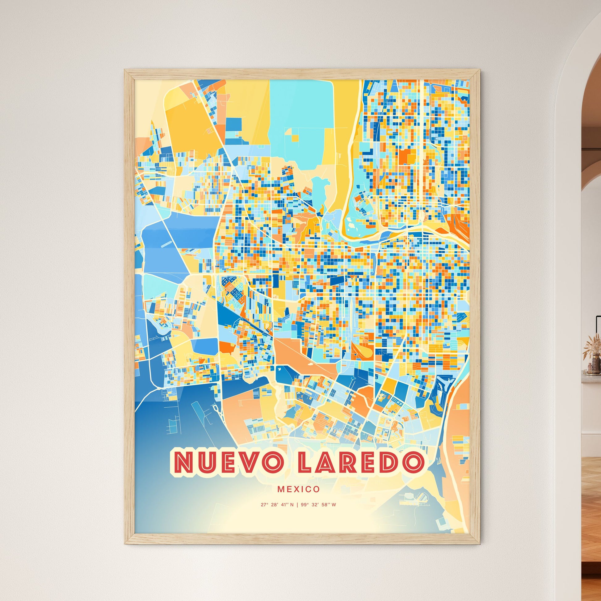 Colorful NUEVO LAREDO MEXICO Fine Art Map Blue Orange