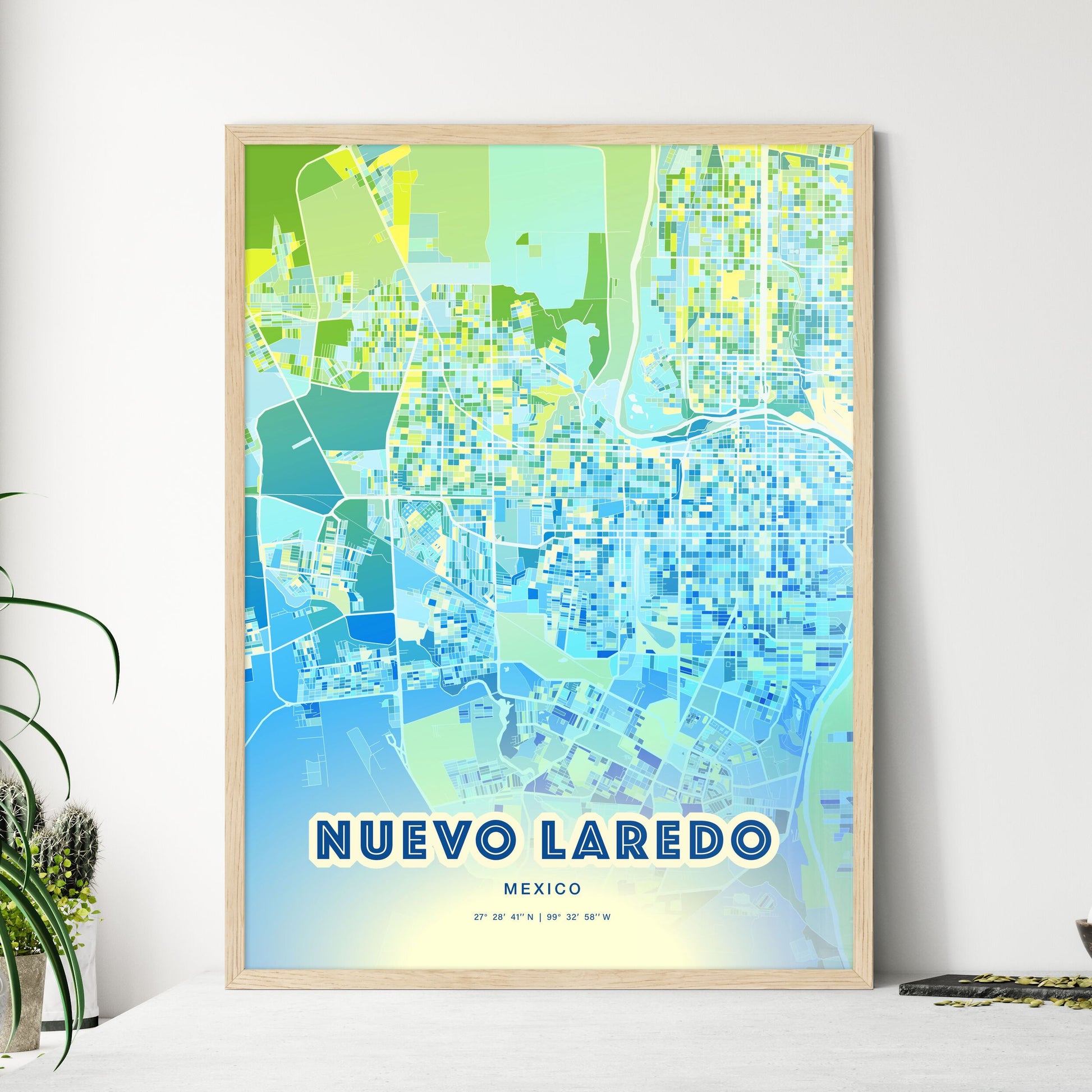 Colorful NUEVO LAREDO MEXICO Fine Art Map Cool Blue