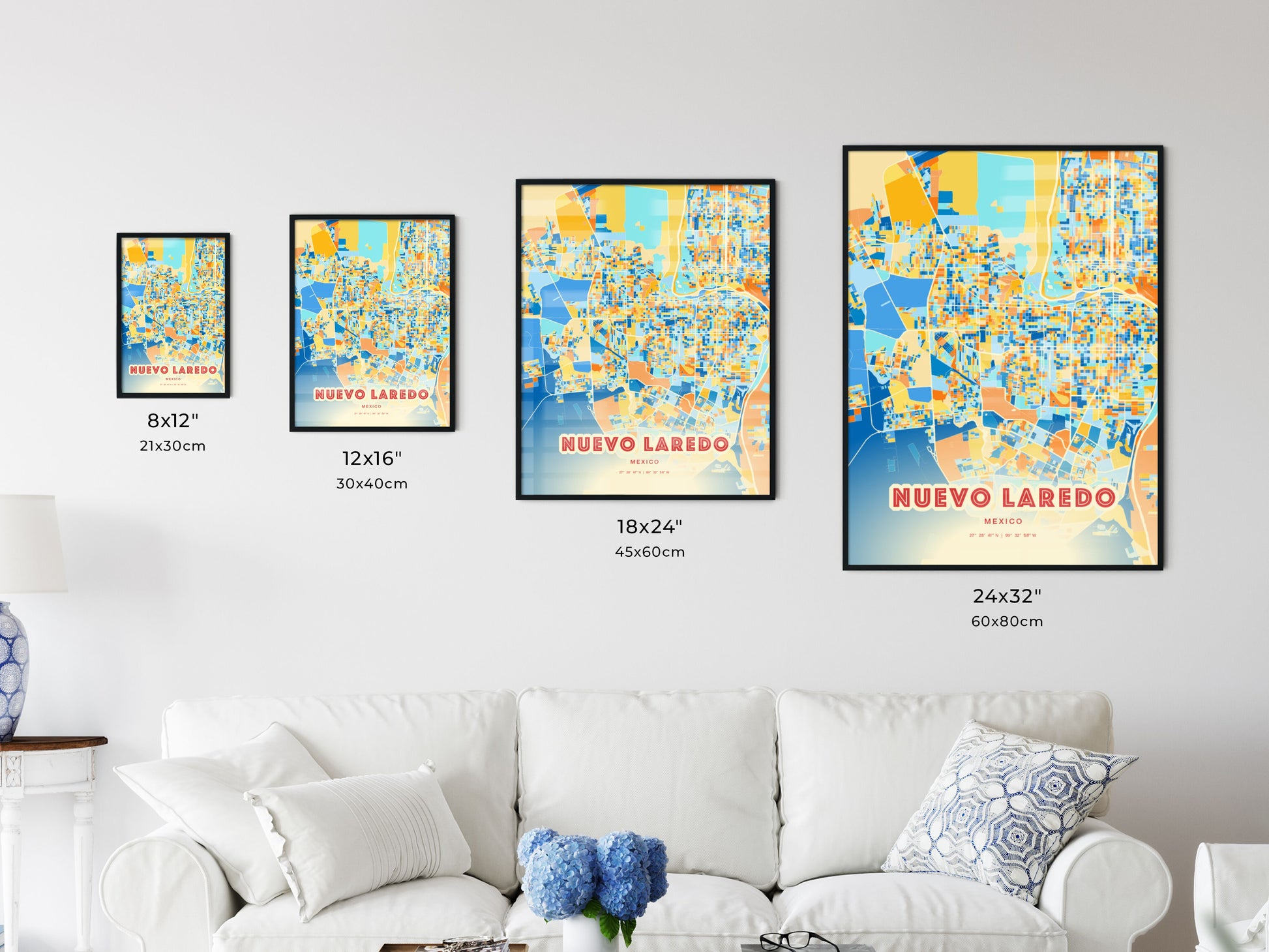 Colorful NUEVO LAREDO MEXICO Fine Art Map Blue Orange