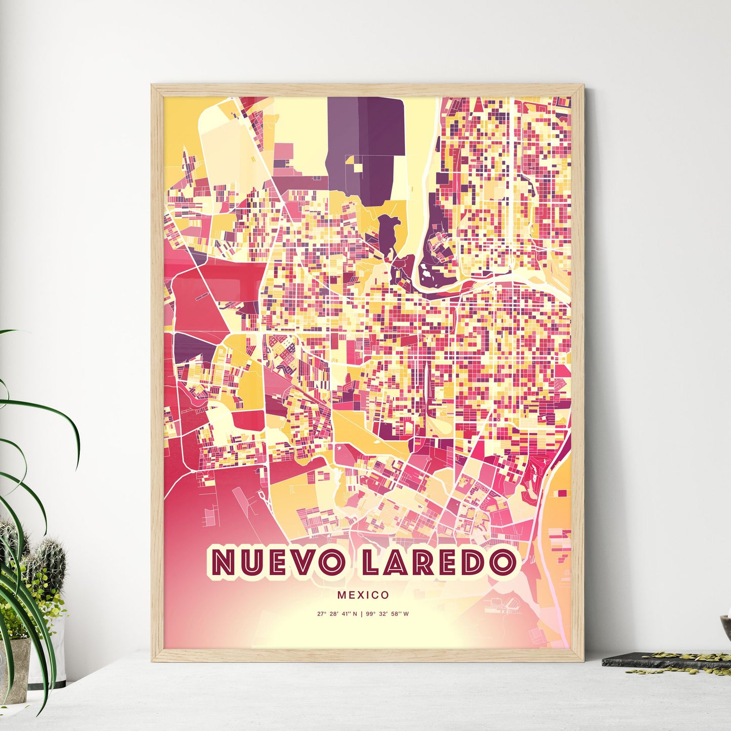 Colorful NUEVO LAREDO MEXICO Fine Art Map Hot Red