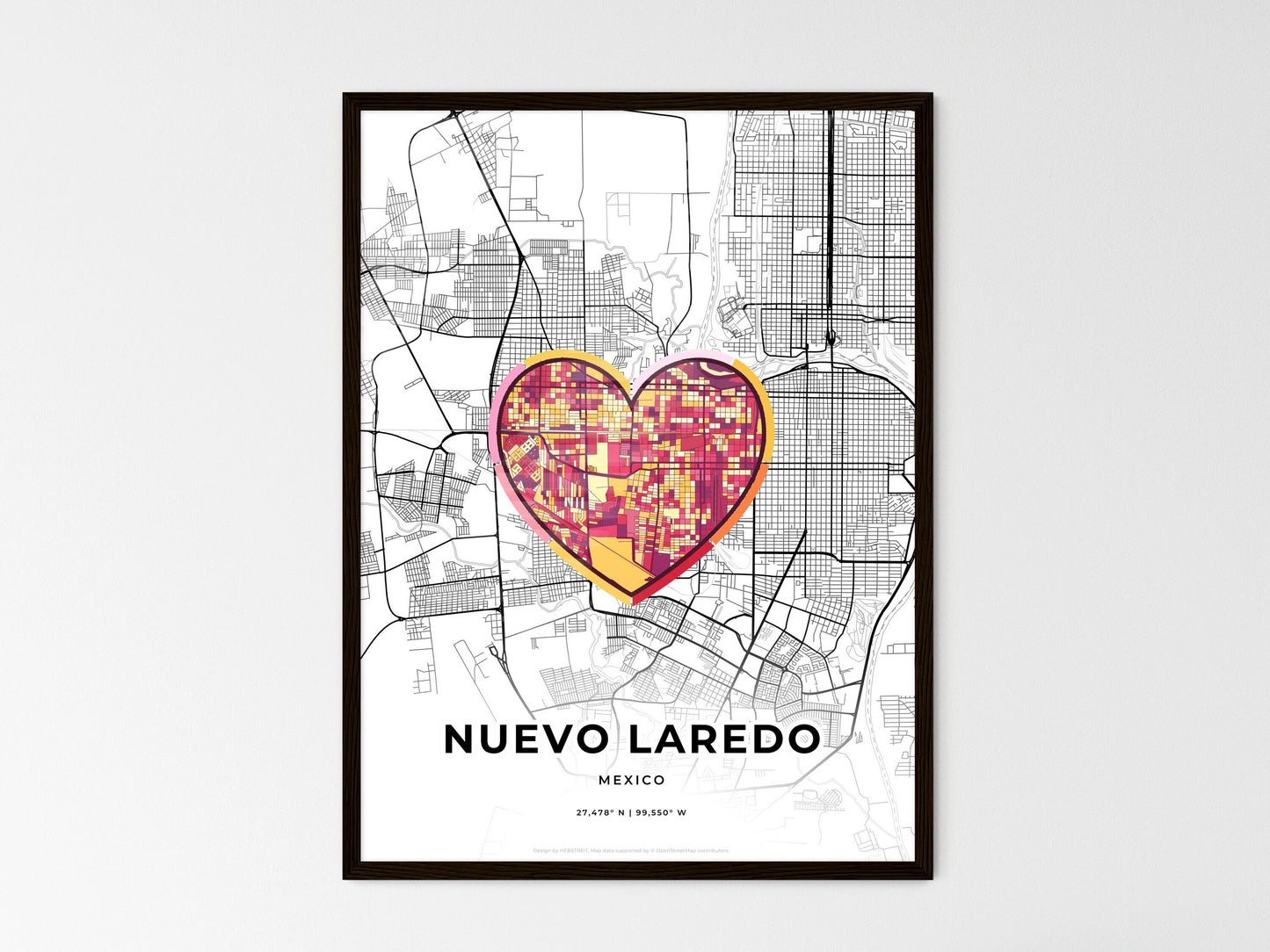 Nuevo Laredo Mexico wedding art map with heart icon