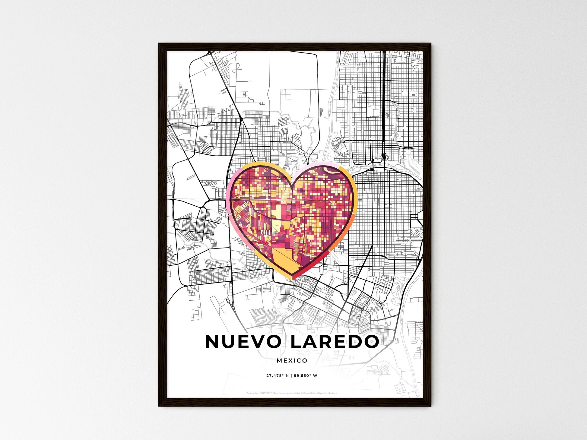 Nuevo Laredo Mexico wedding art map with heart icon