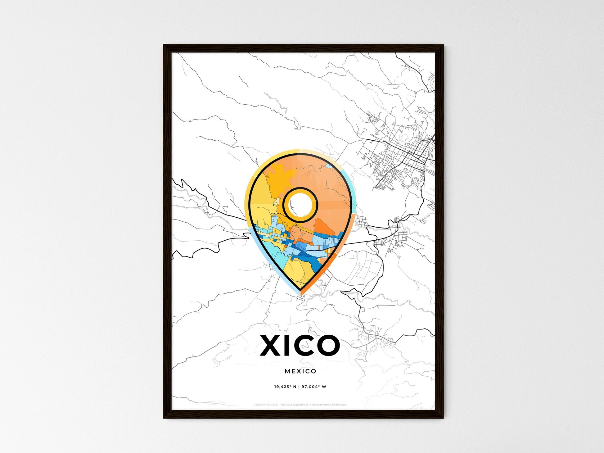 Xico Mexico wedding art map with pointer icon