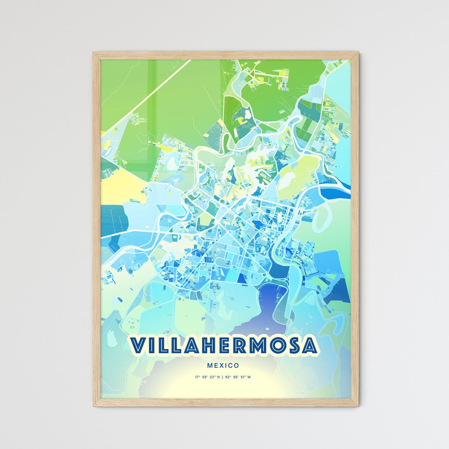 Colorful VILLAHERMOSA MEXICO Fine Art Map Cool Blue