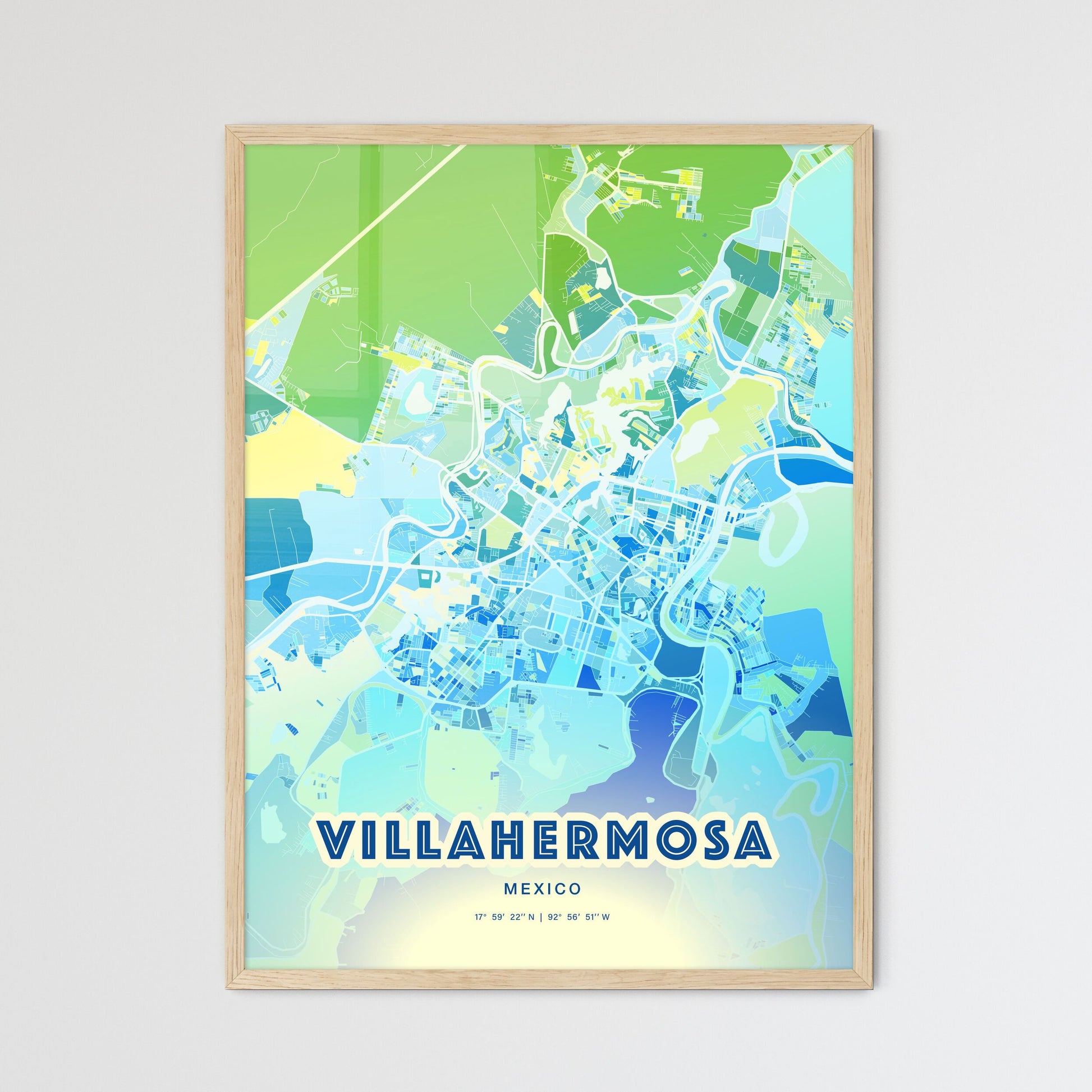 Colorful VILLAHERMOSA MEXICO Fine Art Map Cool Blue