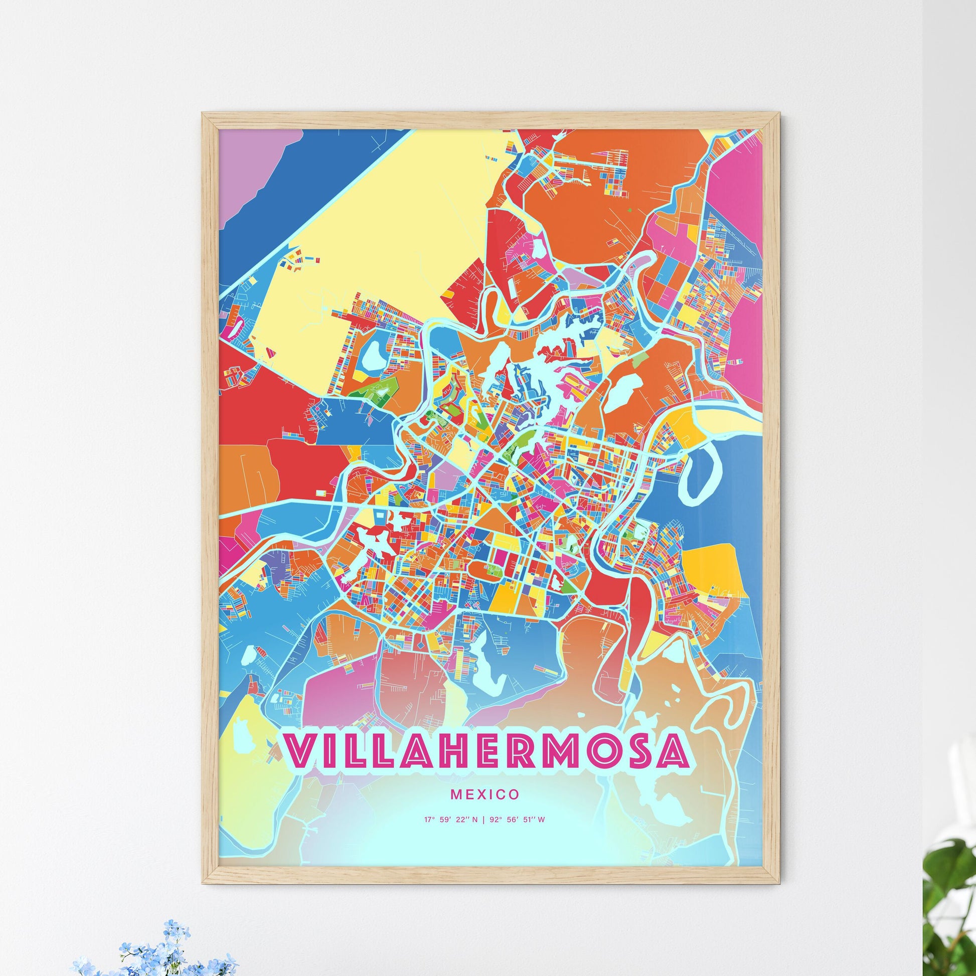 Colorful VILLAHERMOSA MEXICO Fine Art Map Crazy Colors