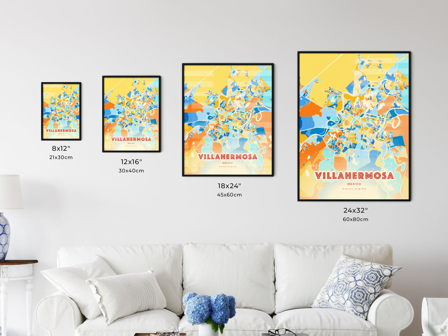 Colorful VILLAHERMOSA MEXICO Fine Art Map Blue Orange