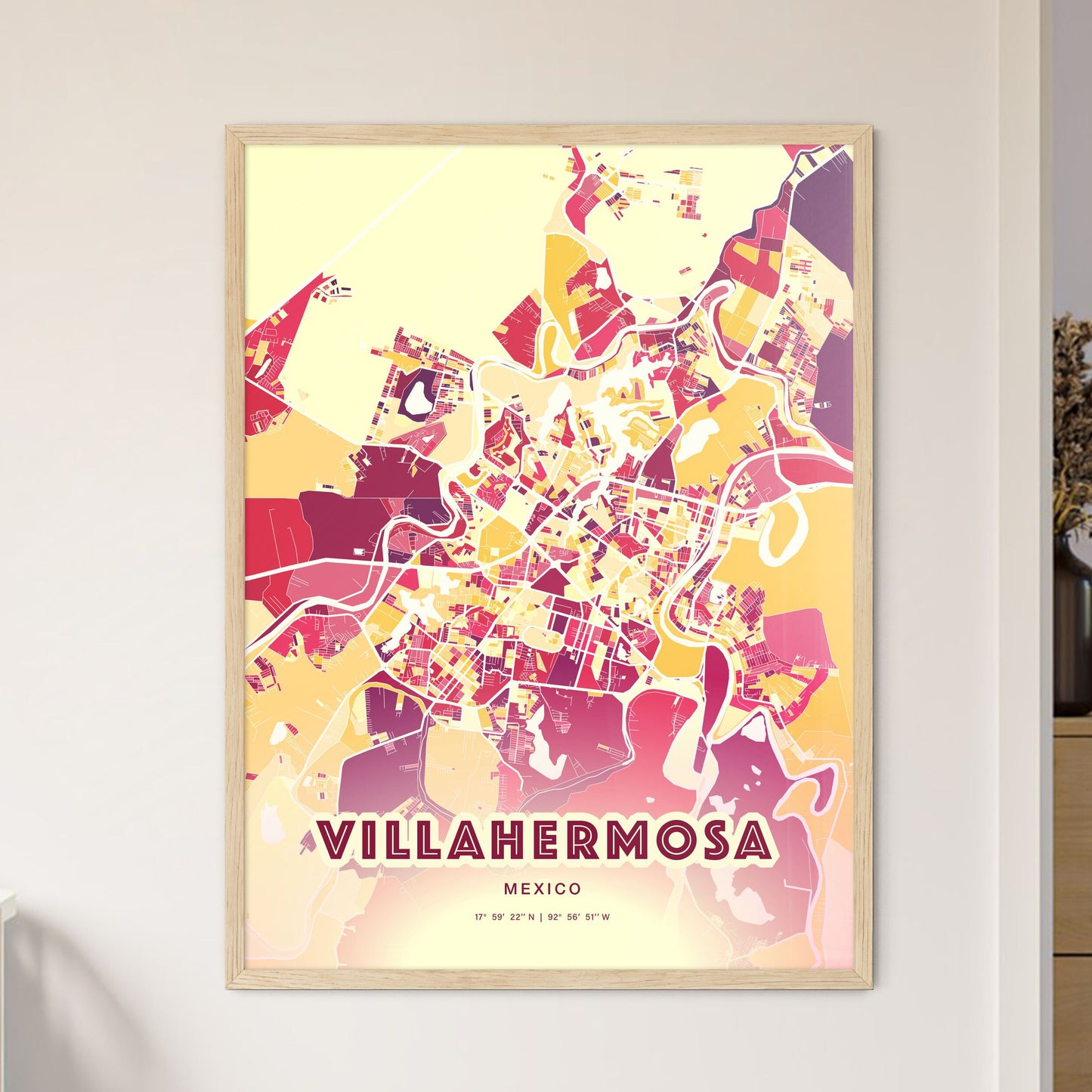 Colorful VILLAHERMOSA MEXICO Fine Art Map Hot Red