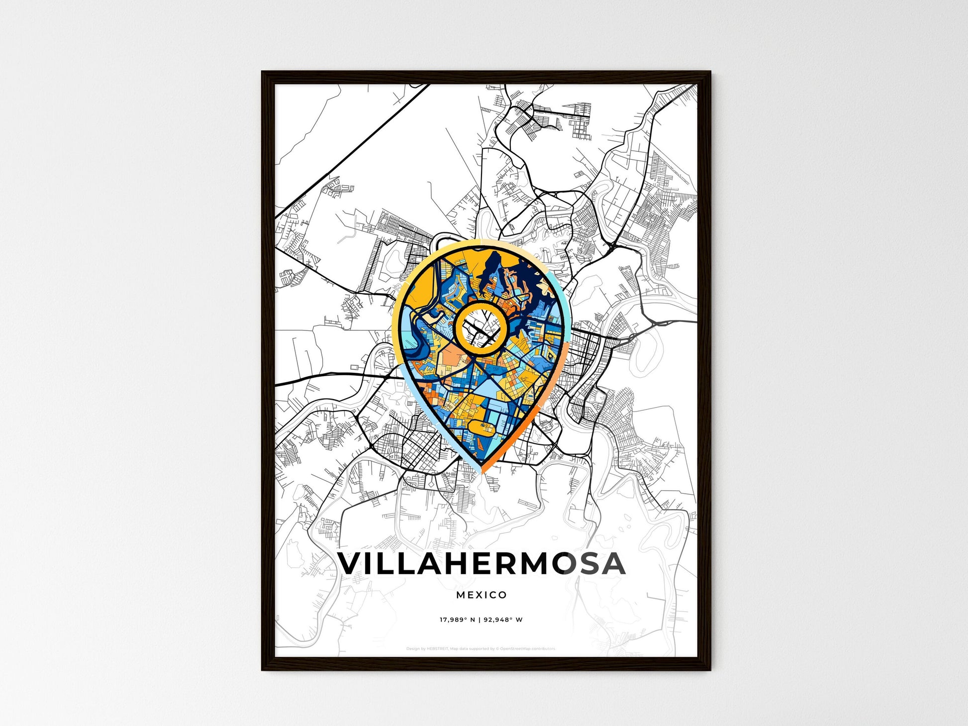 Villahermosa Mexico wedding art map with pointer icon