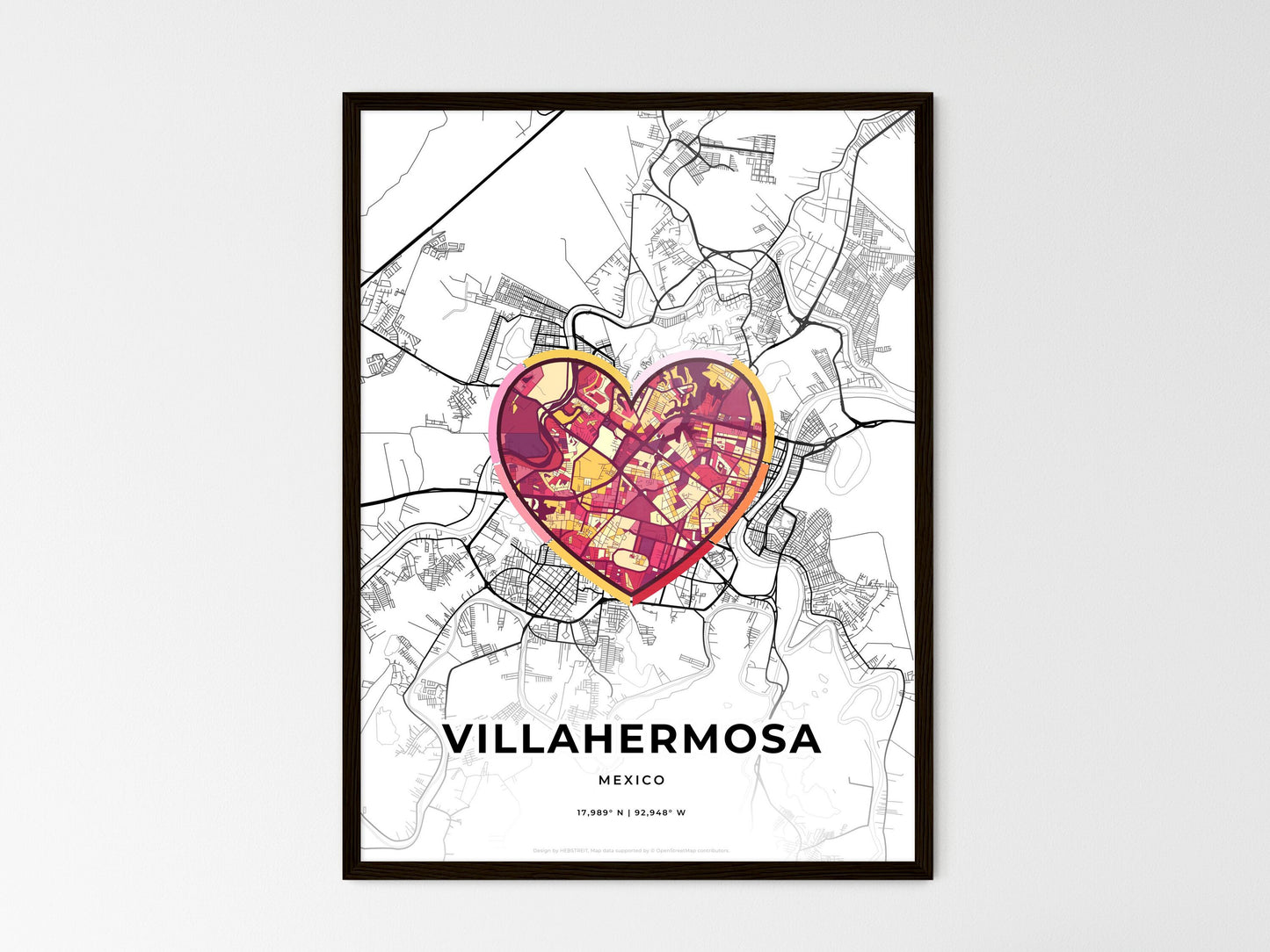 Villahermosa Mexico wedding art map with heart icon