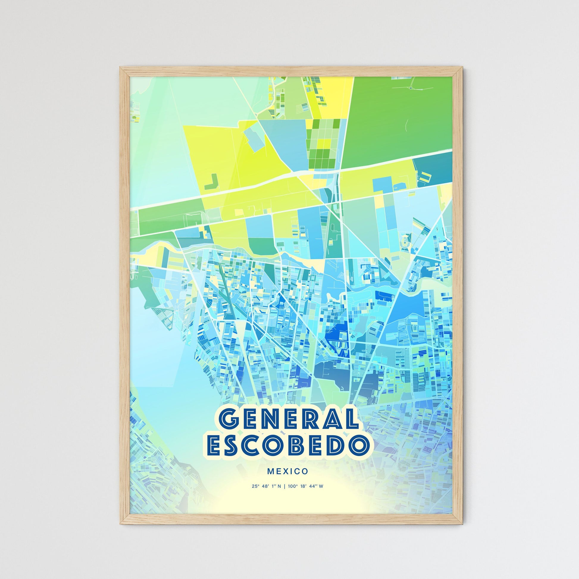 Colorful GENERAL ESCOBEDO MEXICO Fine Art Map Cool Blue