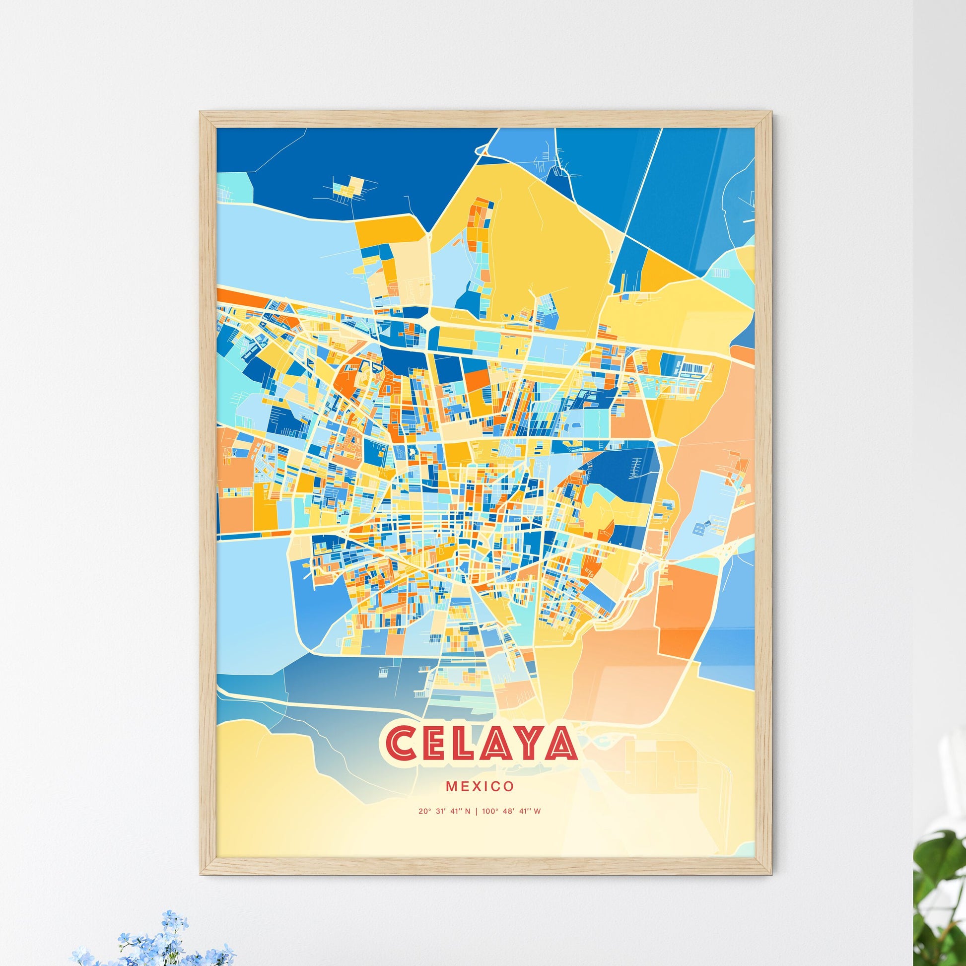 Colorful CELAYA MEXICO Fine Art Map Blue Orange