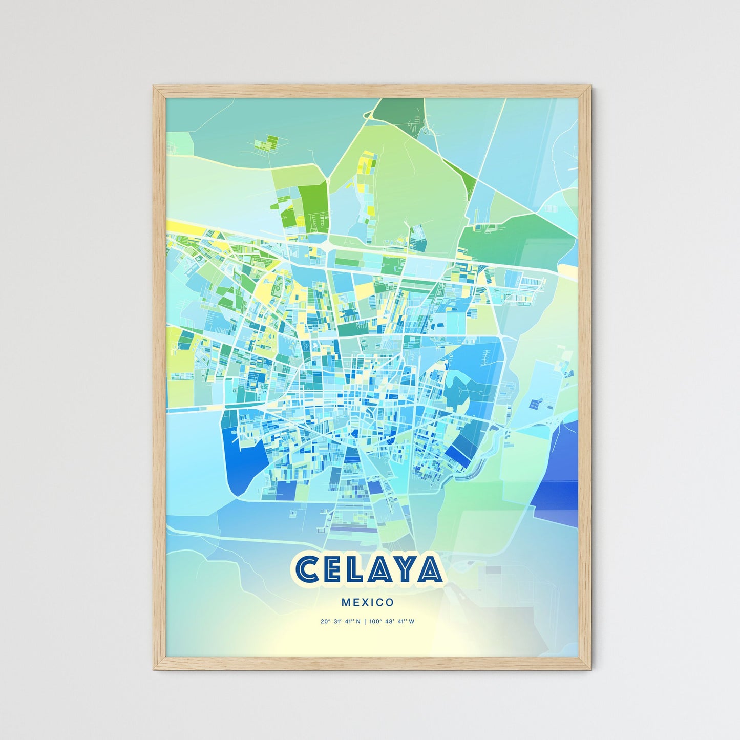 Colorful CELAYA MEXICO Fine Art Map Cool Blue