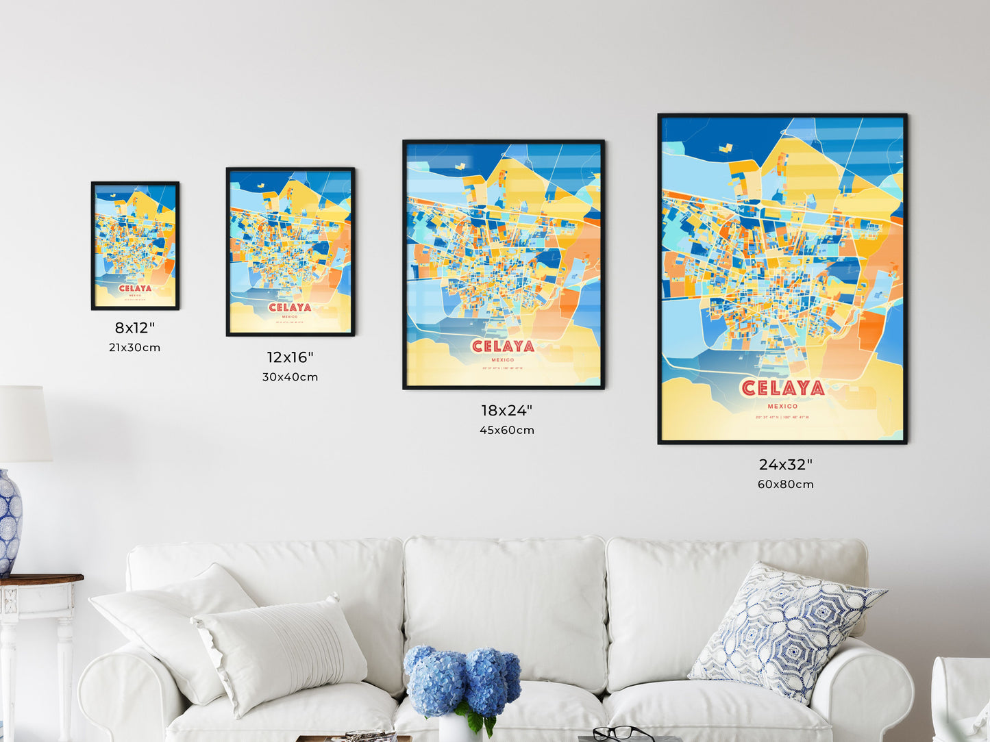 Colorful CELAYA MEXICO Fine Art Map Blue Orange