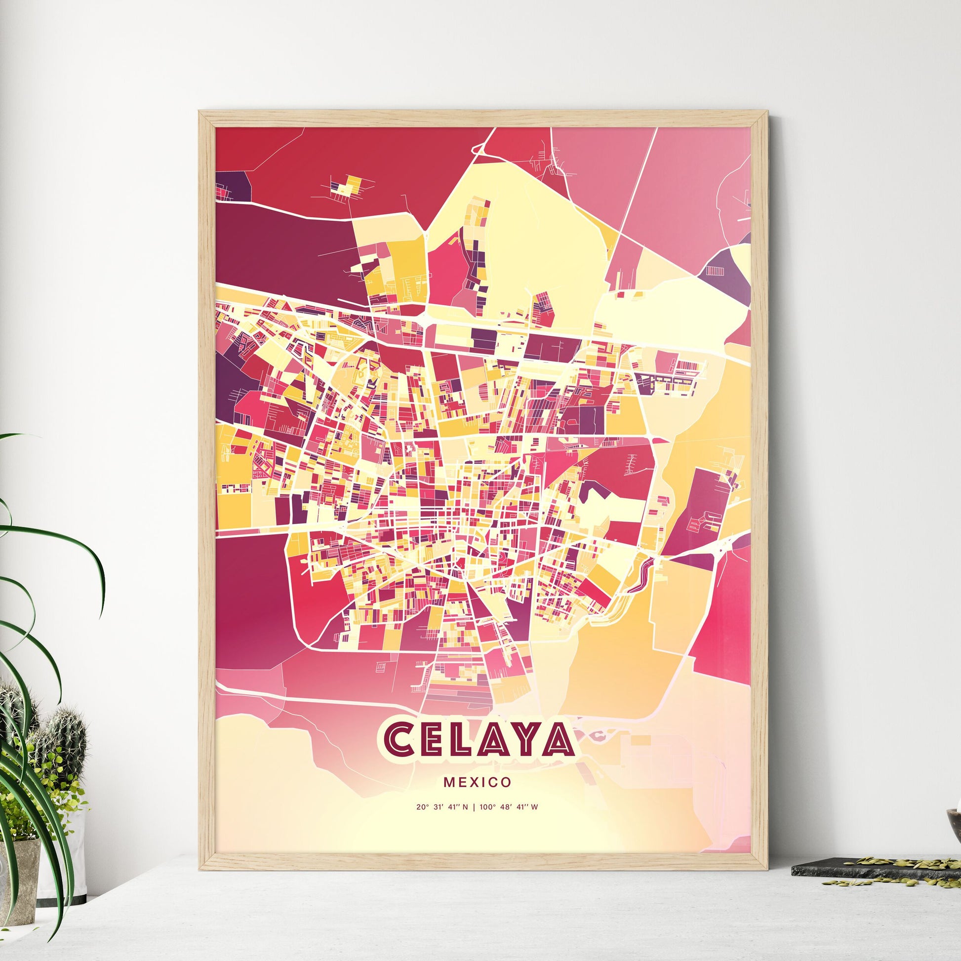 Colorful CELAYA MEXICO Fine Art Map Hot Red