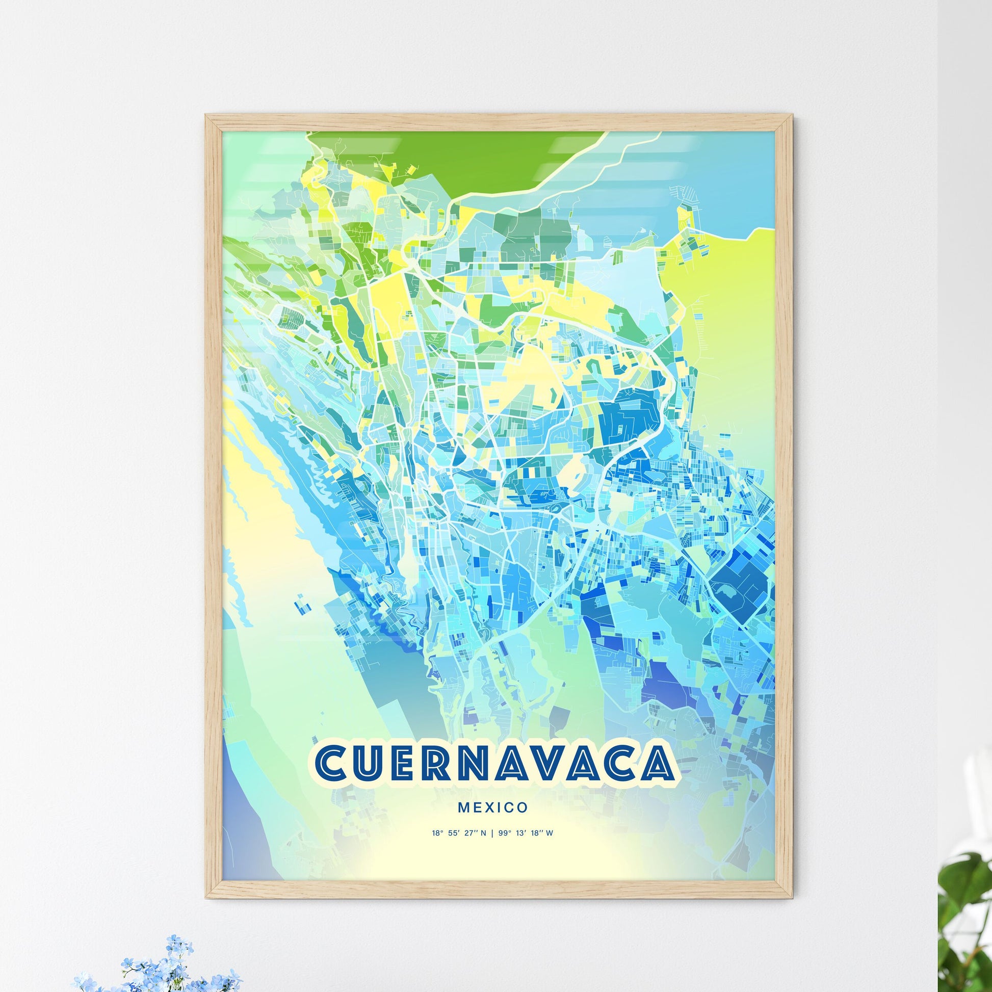 Colorful CUERNAVACA MEXICO Fine Art Map Cool Blue