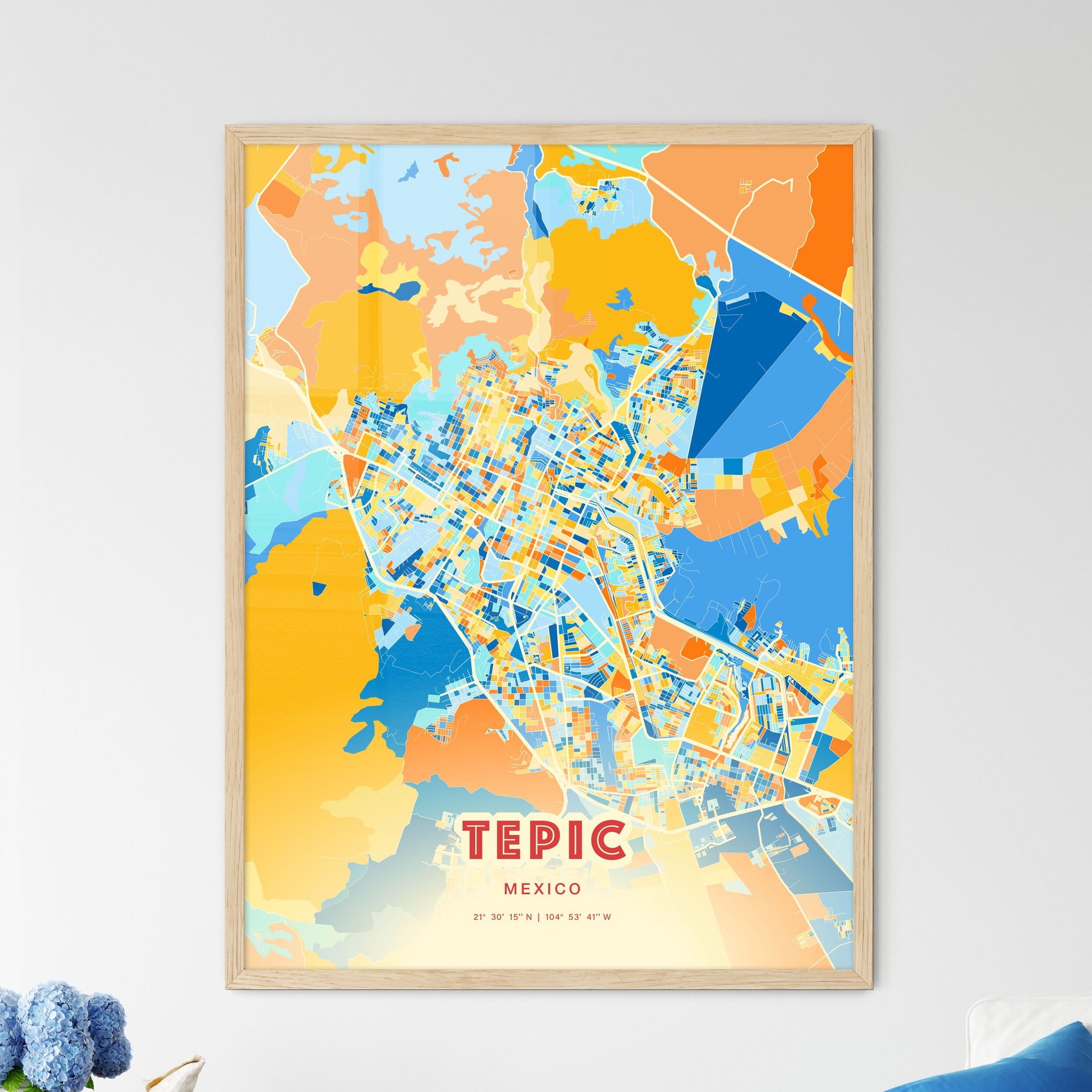 Colorful TEPIC MEXICO Fine Art Map Blue Orange