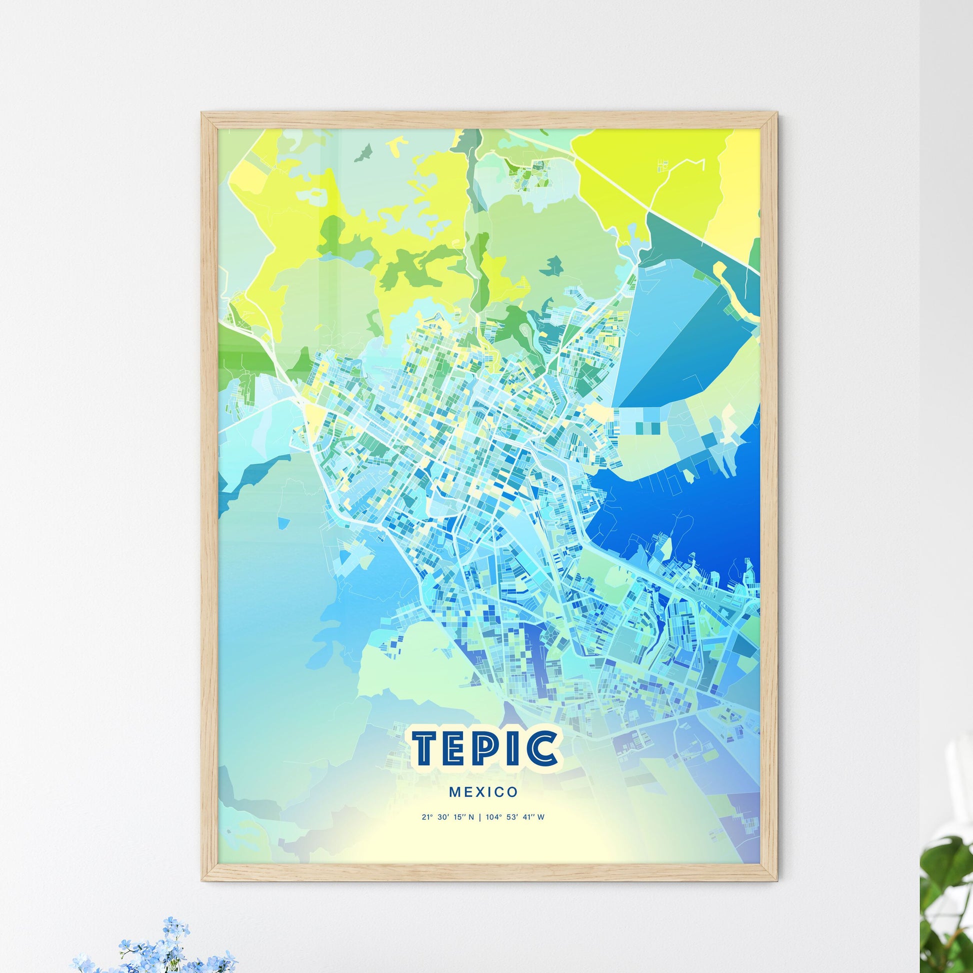 Colorful TEPIC MEXICO Fine Art Map Cool Blue