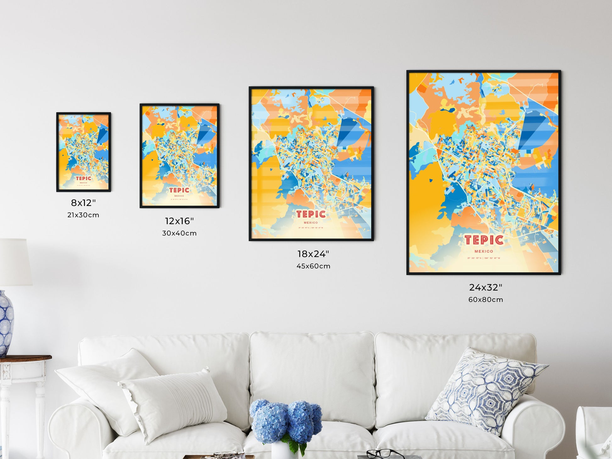 Colorful TEPIC MEXICO Fine Art Map Blue Orange