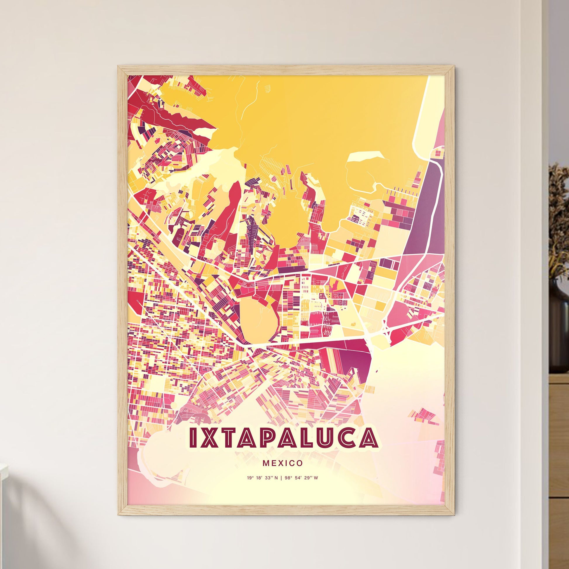 Colorful IXTAPALUCA MEXICO Fine Art Map Hot Red