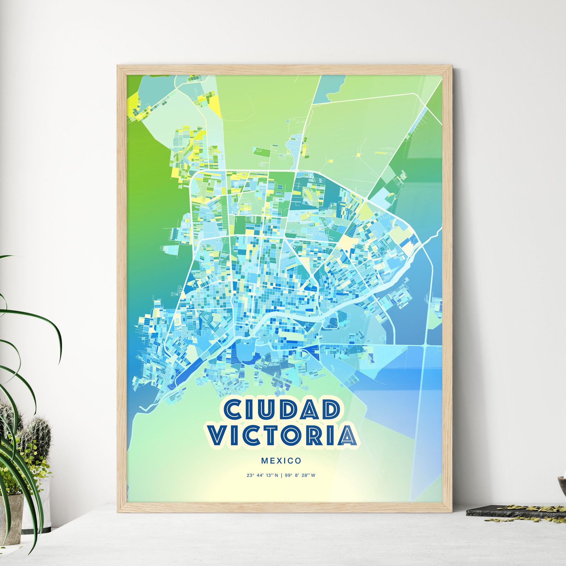 Colorful CIUDAD VICTORIA MEXICO Fine Art Map Cool Blue