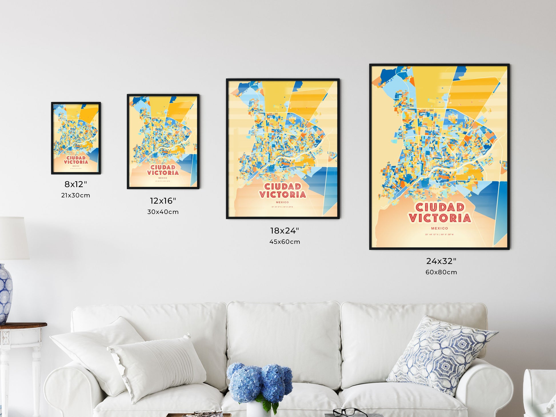 Colorful CIUDAD VICTORIA MEXICO Fine Art Map Blue Orange