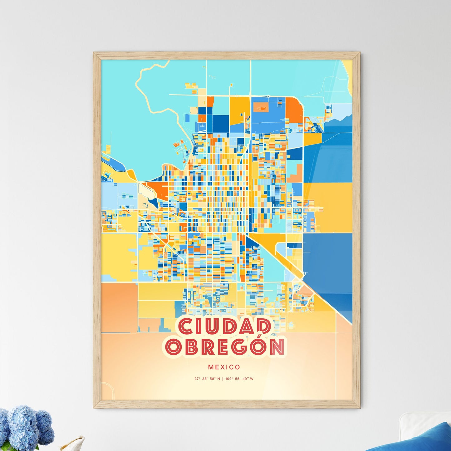 Colorful CIUDAD OBREGÓN MEXICO Fine Art Map Blue Orange