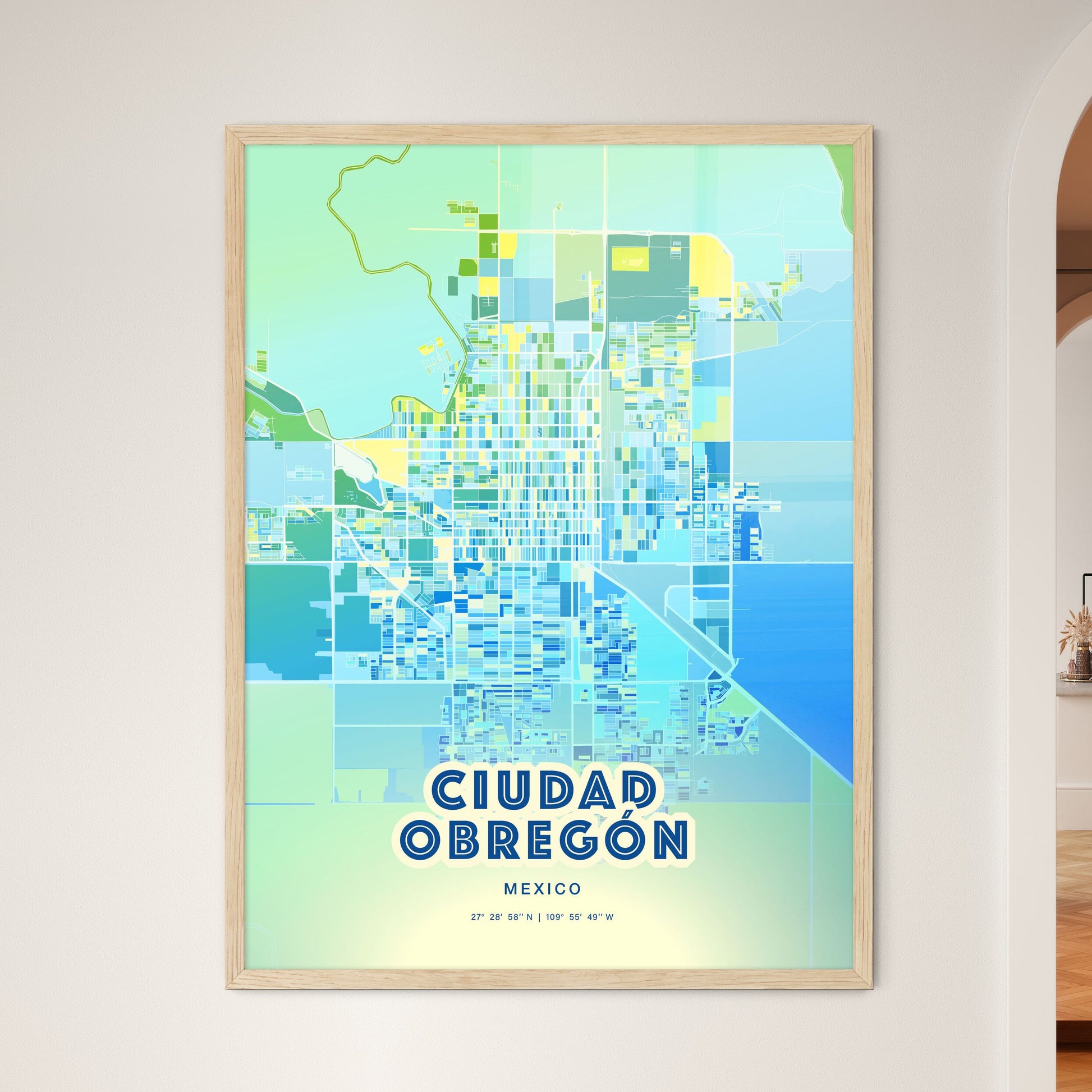 Colorful CIUDAD OBREGÓN MEXICO Fine Art Map Cool Blue