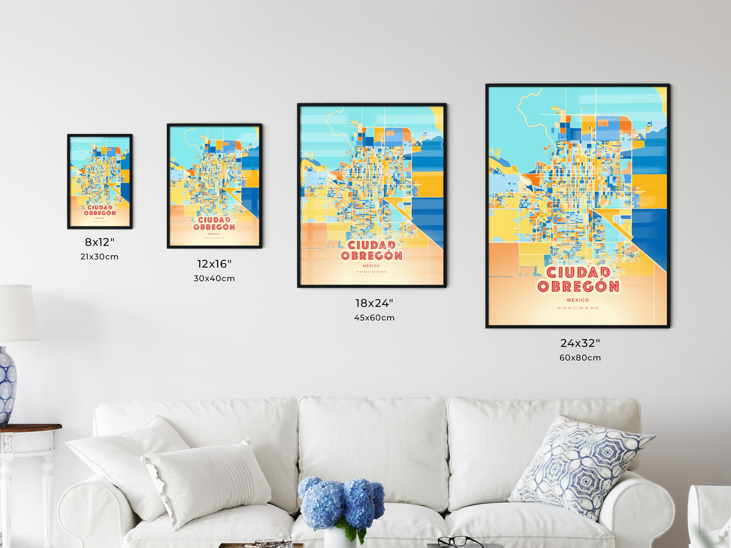 Colorful CIUDAD OBREGÓN MEXICO Fine Art Map Blue Orange