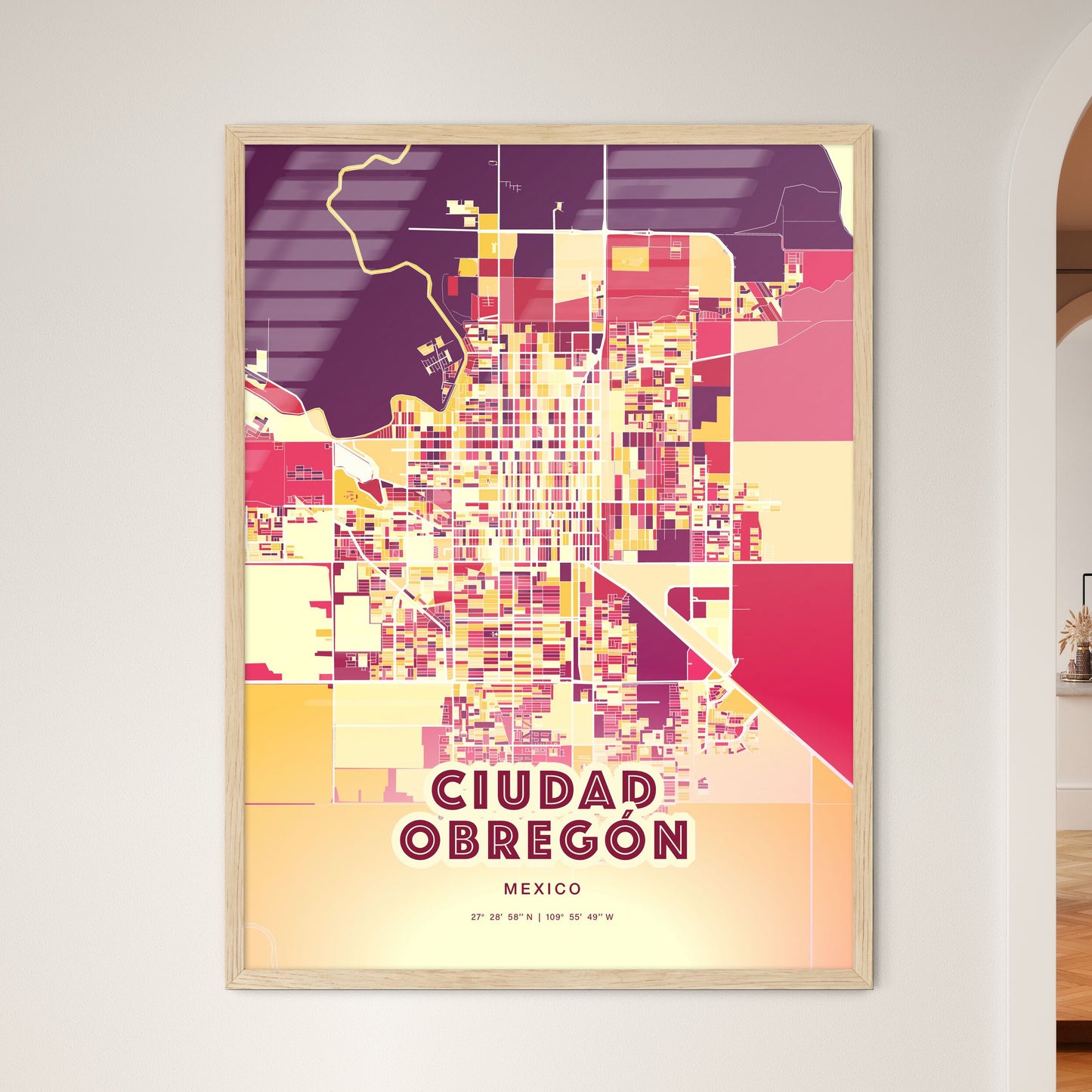 Colorful CIUDAD OBREGÓN MEXICO Fine Art Map Hot Red