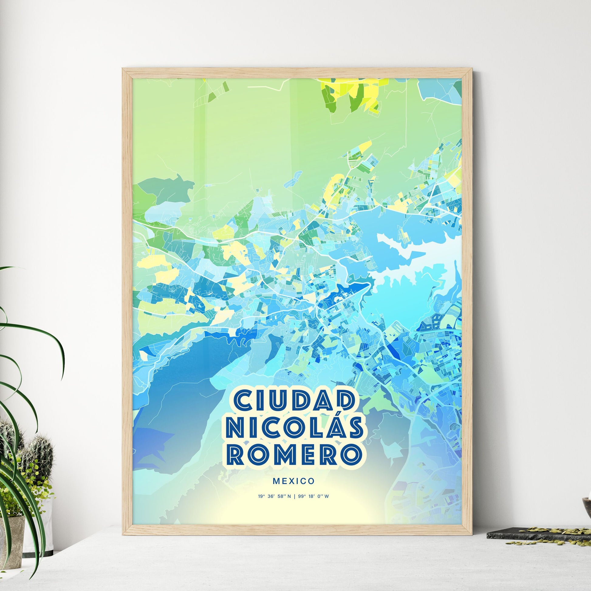 Colorful CIUDAD NICOLÁS ROMERO MEXICO Fine Art Map Cool Blue