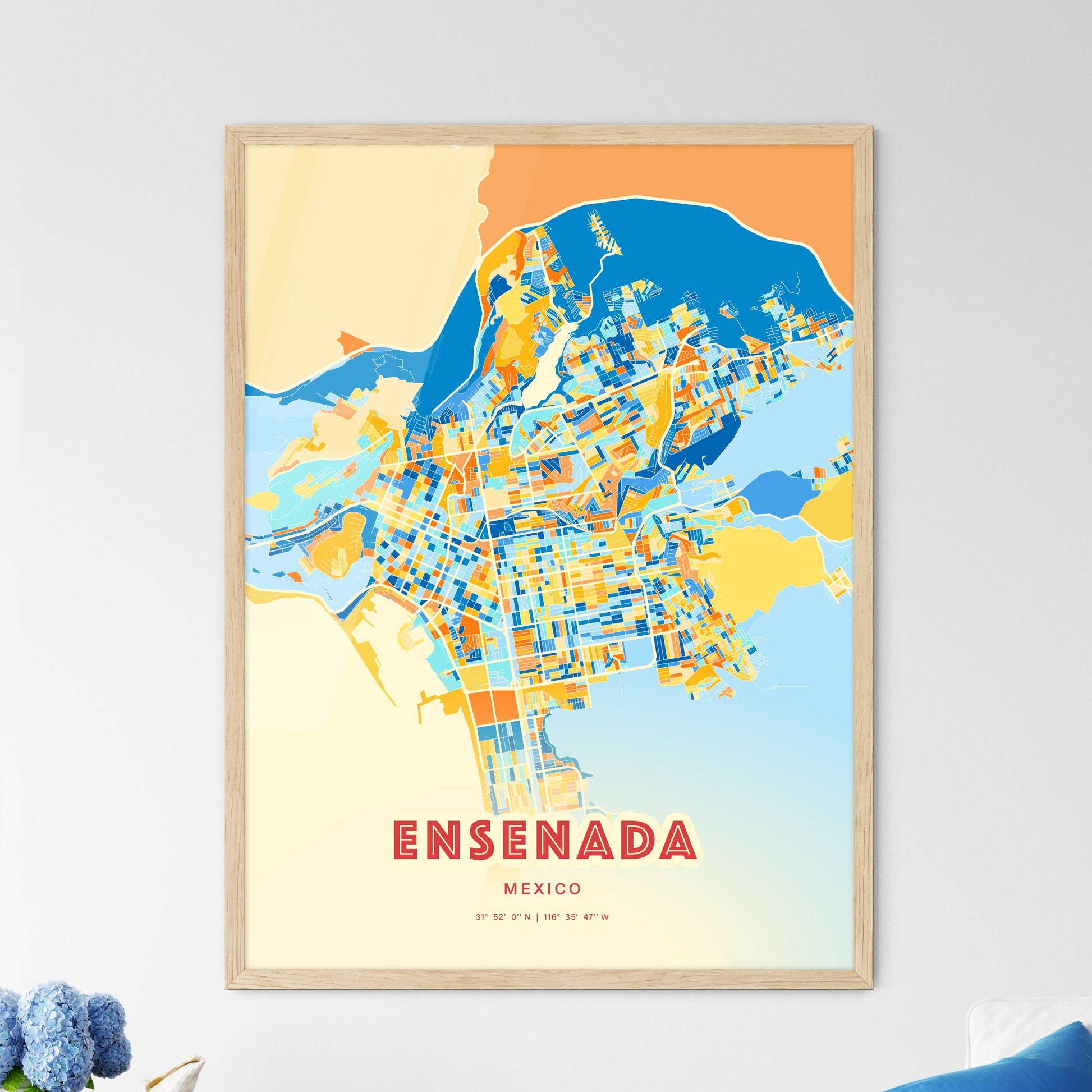 Colorful ENSENADA MEXICO Fine Art Map Blue Orange