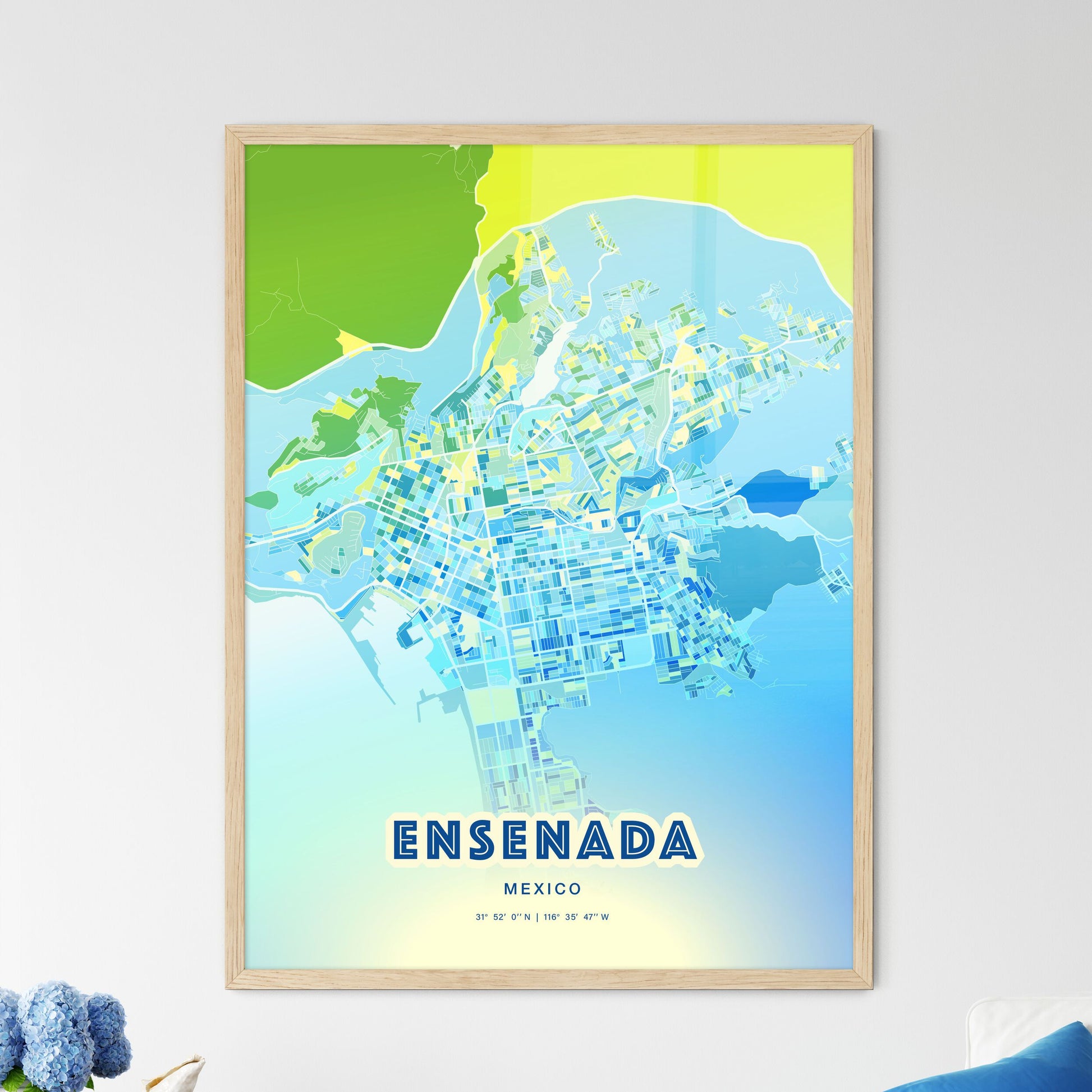 Colorful ENSENADA MEXICO Fine Art Map Cool Blue