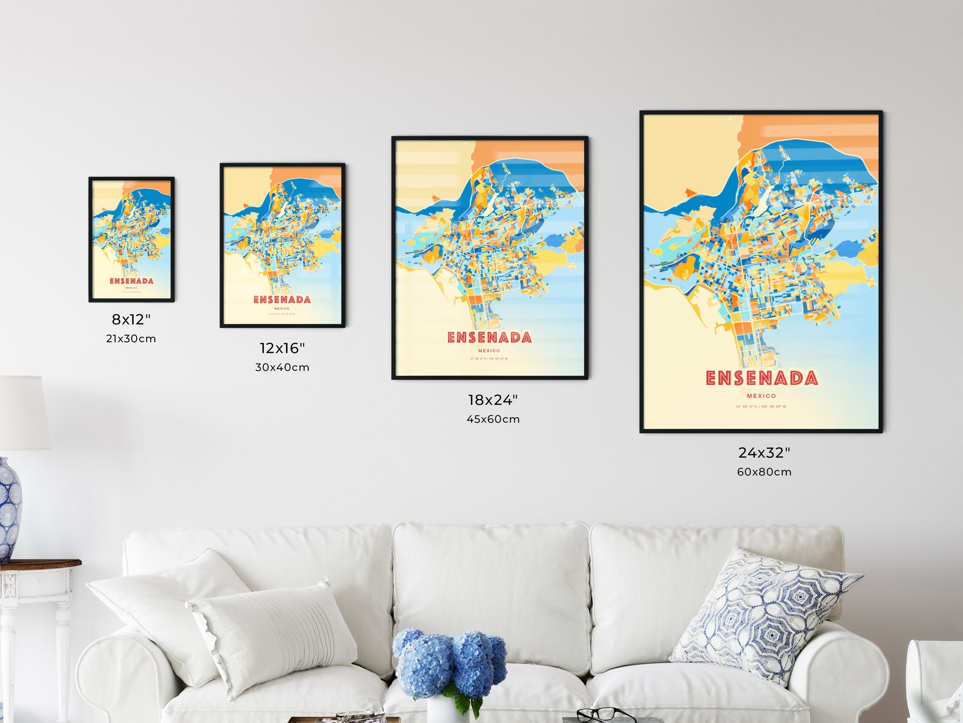 Colorful ENSENADA MEXICO Fine Art Map Blue Orange