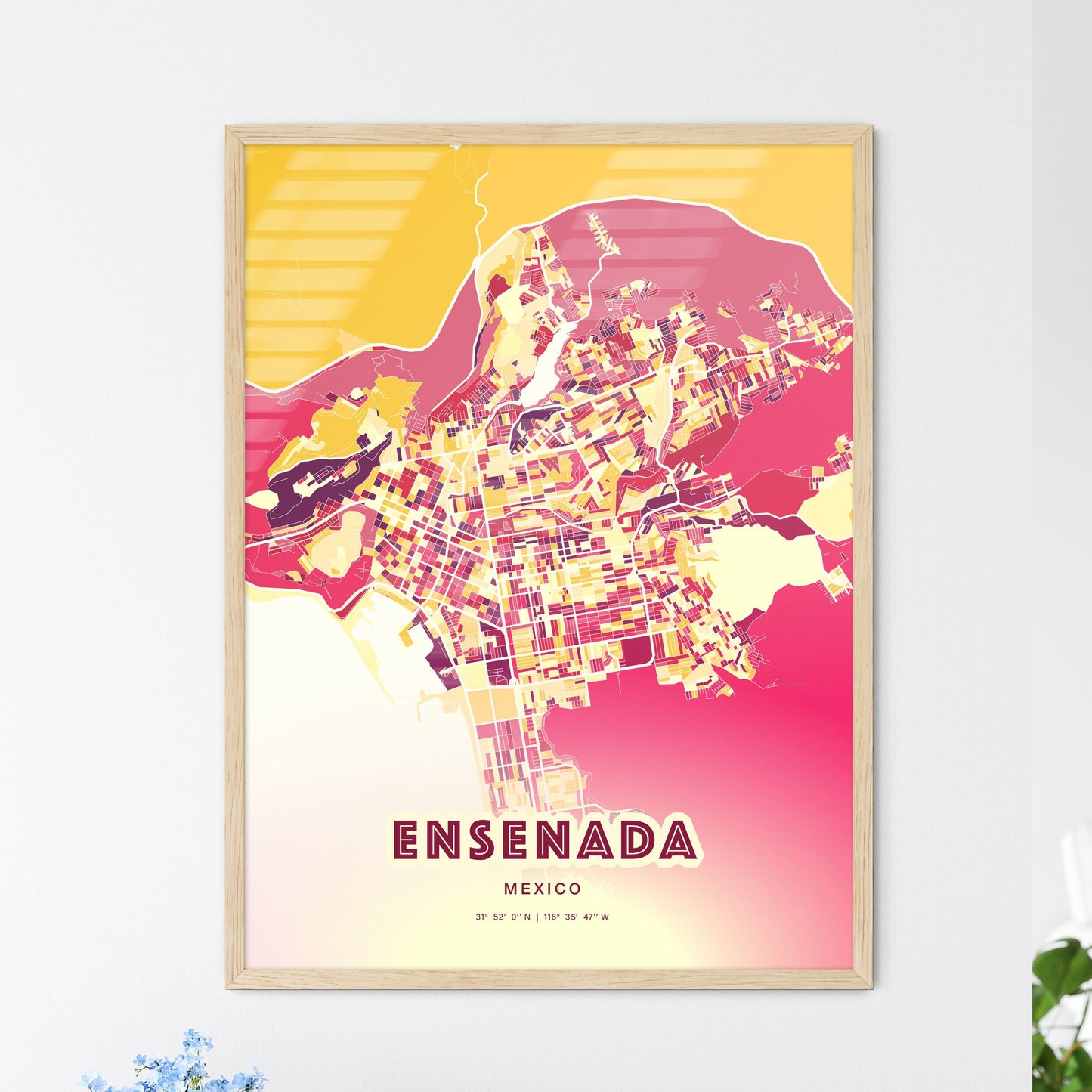 Colorful ENSENADA MEXICO Fine Art Map Hot Red