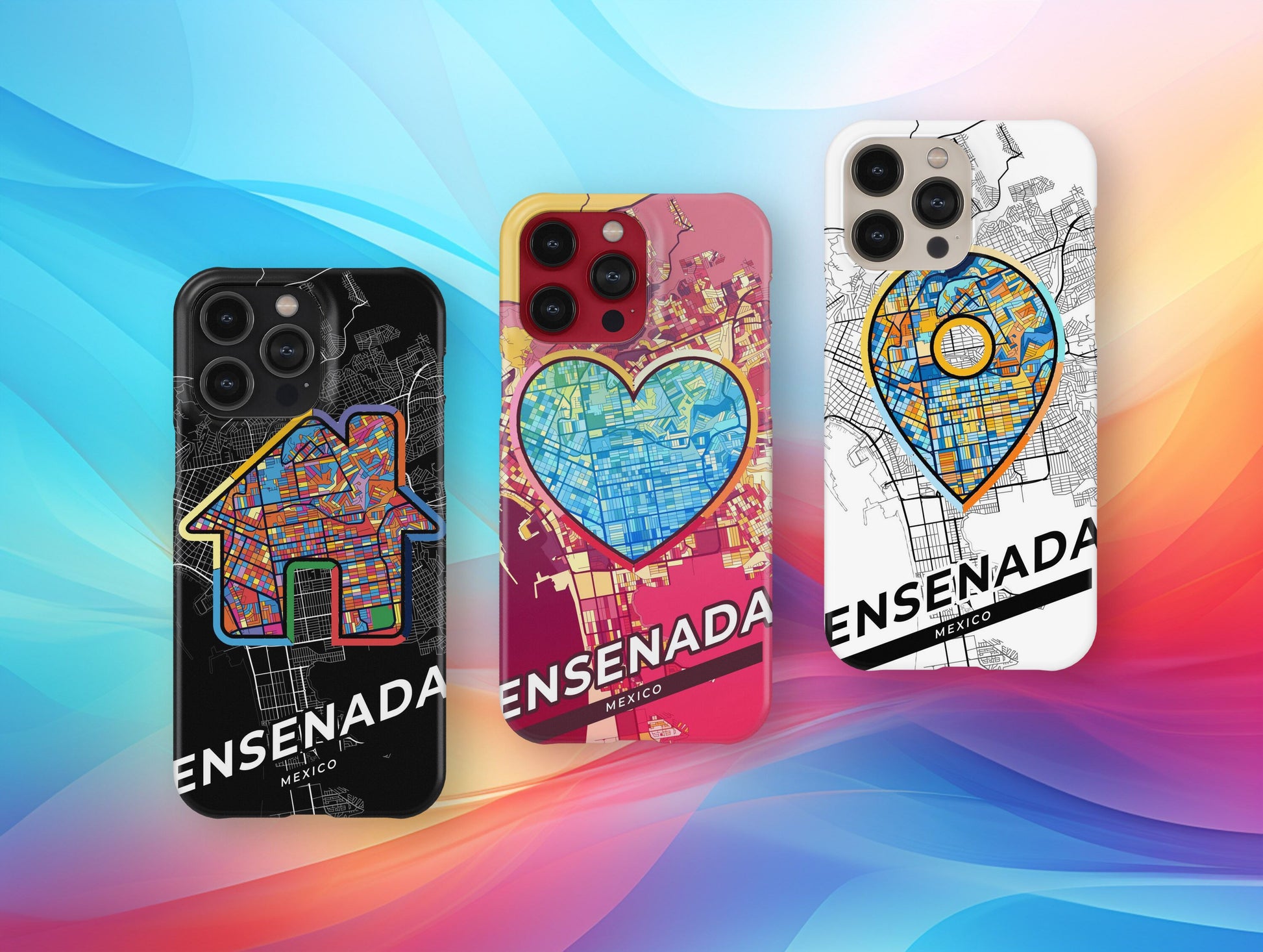 Ensenada Mexico slim phone case with colorful icon. Birthday, wedding or housewarming gift. Couple match cases.